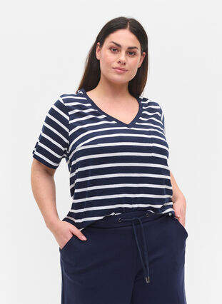 Gestreiftes Baumwolle T-Shirt mit V-Ausschnitt, Navy B White Stripe, Model image number 0