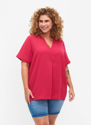 Kurzärmelige Bluse mit V-Ausschnitt, Bright Rose, Model image number 0