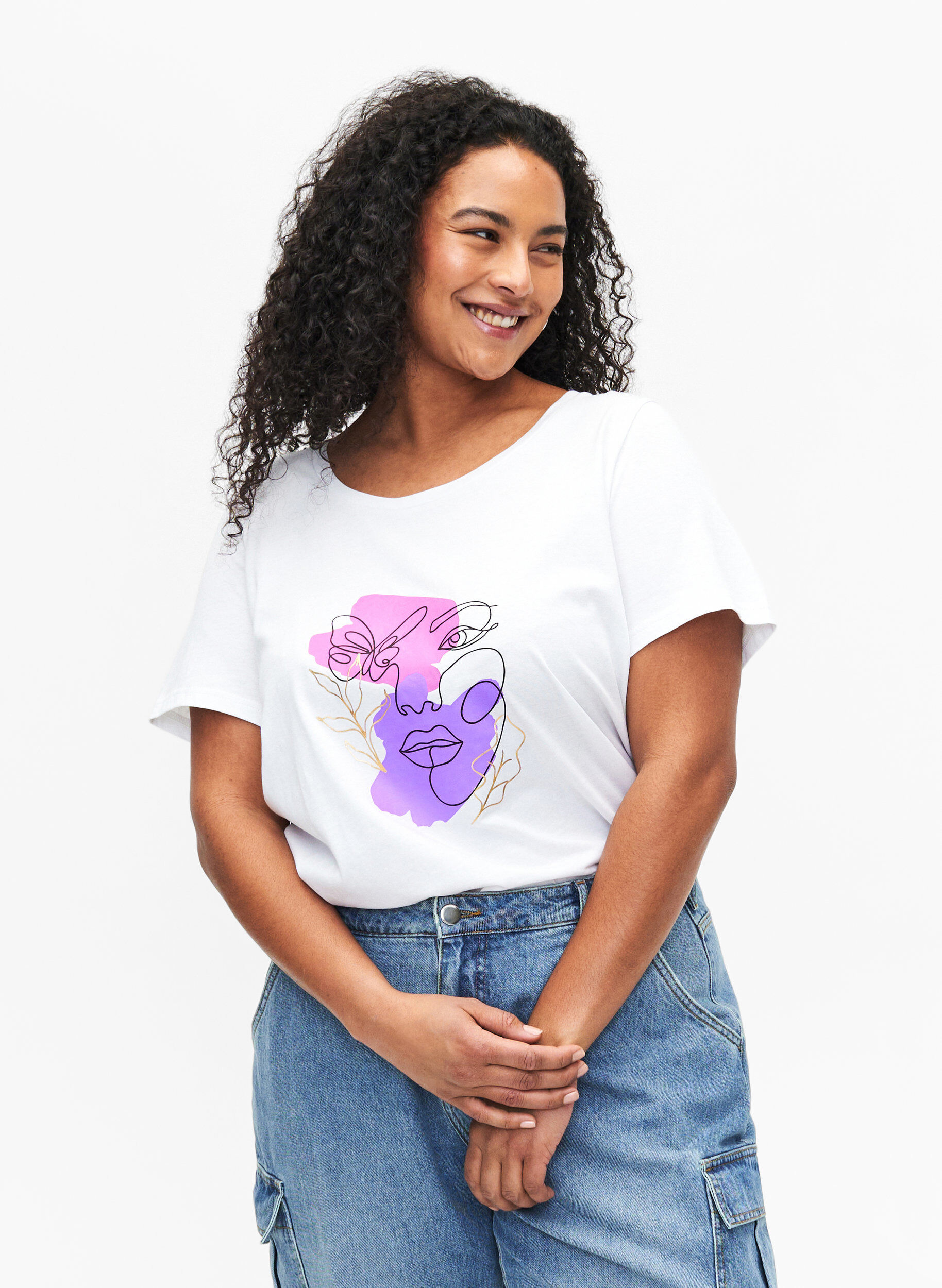 ZizziBaumwoll-T-Shirt mit Motiv, B. White w. Face, Model image number 0