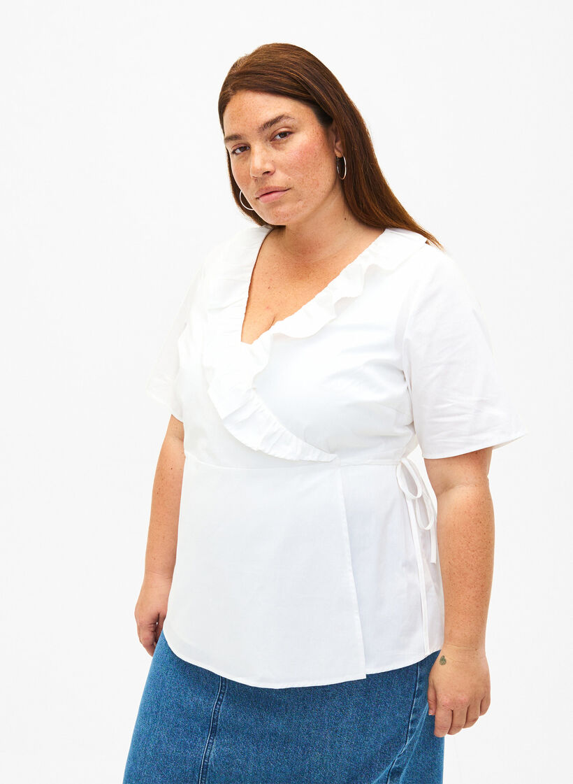  Kurzärmelige Bluse mit Rüschendetail, Weiß, Model image number 0