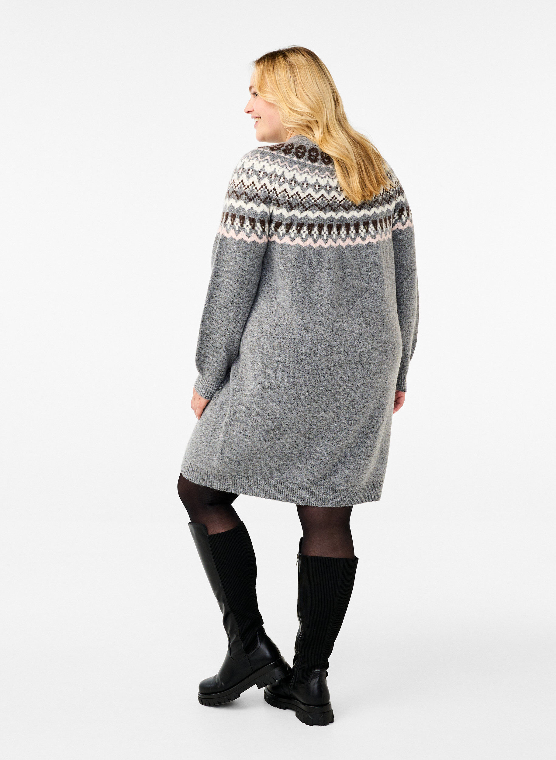ZizziStrickkleid mit Jacquardmuster und langen &Auml;rmeln, Medium Grey Comb, Model image number 1