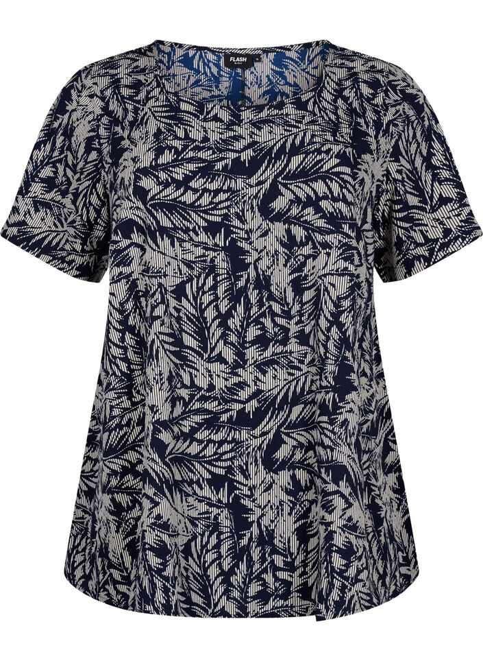 FLASH &ndash; Kurz&auml;rmelige Bluse mit Print, Off White Blue Leaf, Packshot image number 0