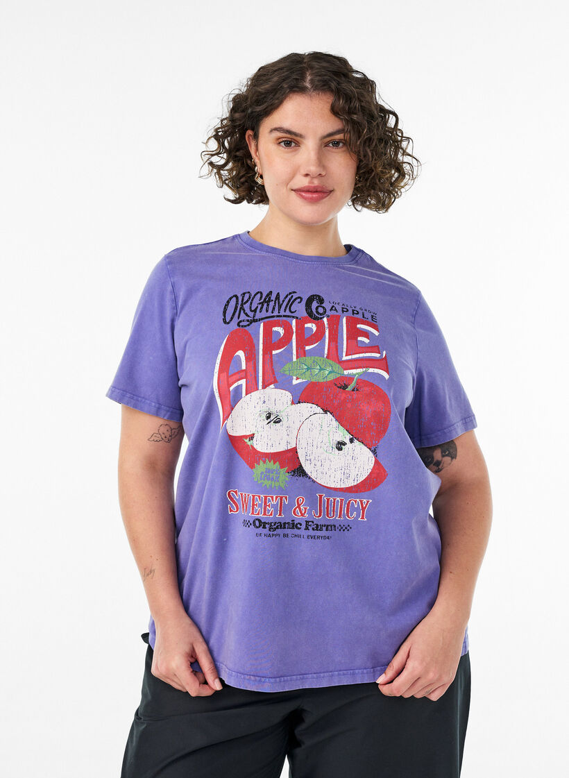 Baumwoll-T-Shirt mit Frontprint und gewaschener Optik, Lila, Model image number 0