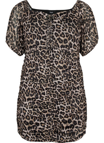 Kurzes Kleid aus Mesh mit Leopardenprint, Leo, Packshot image number 0
