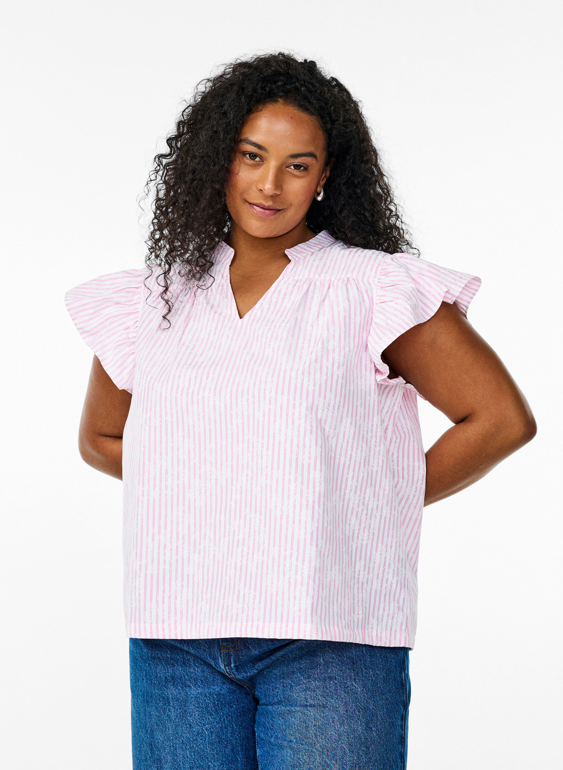 Zizzi&Auml;rmellose Bluse mit Streifen und Blumendruck, Pink, Model image number 0