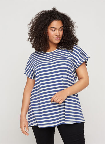 Gestreiftes T-Shirt aus Baumwolle, Twilight Blue Stripe, Model image number 0