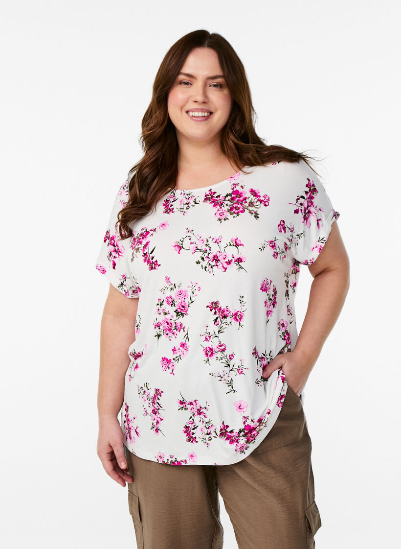 T-Shirt mit floralem Print, B. W. Pink Flower, Model image number 0