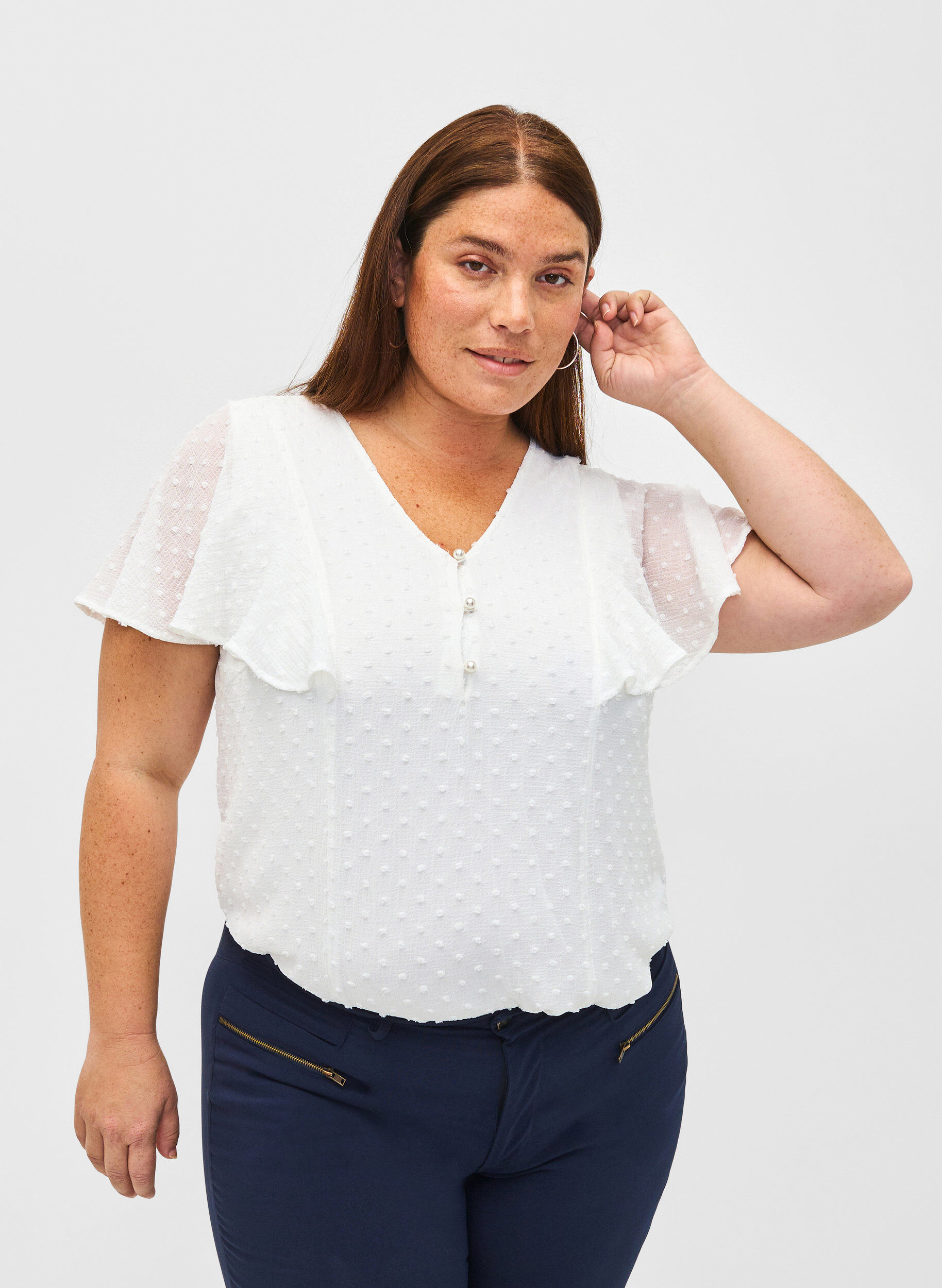 ZizziBluse mit gepunkteter Struktur und kurzen &Auml;rmeln, Bright White, Model image number 0