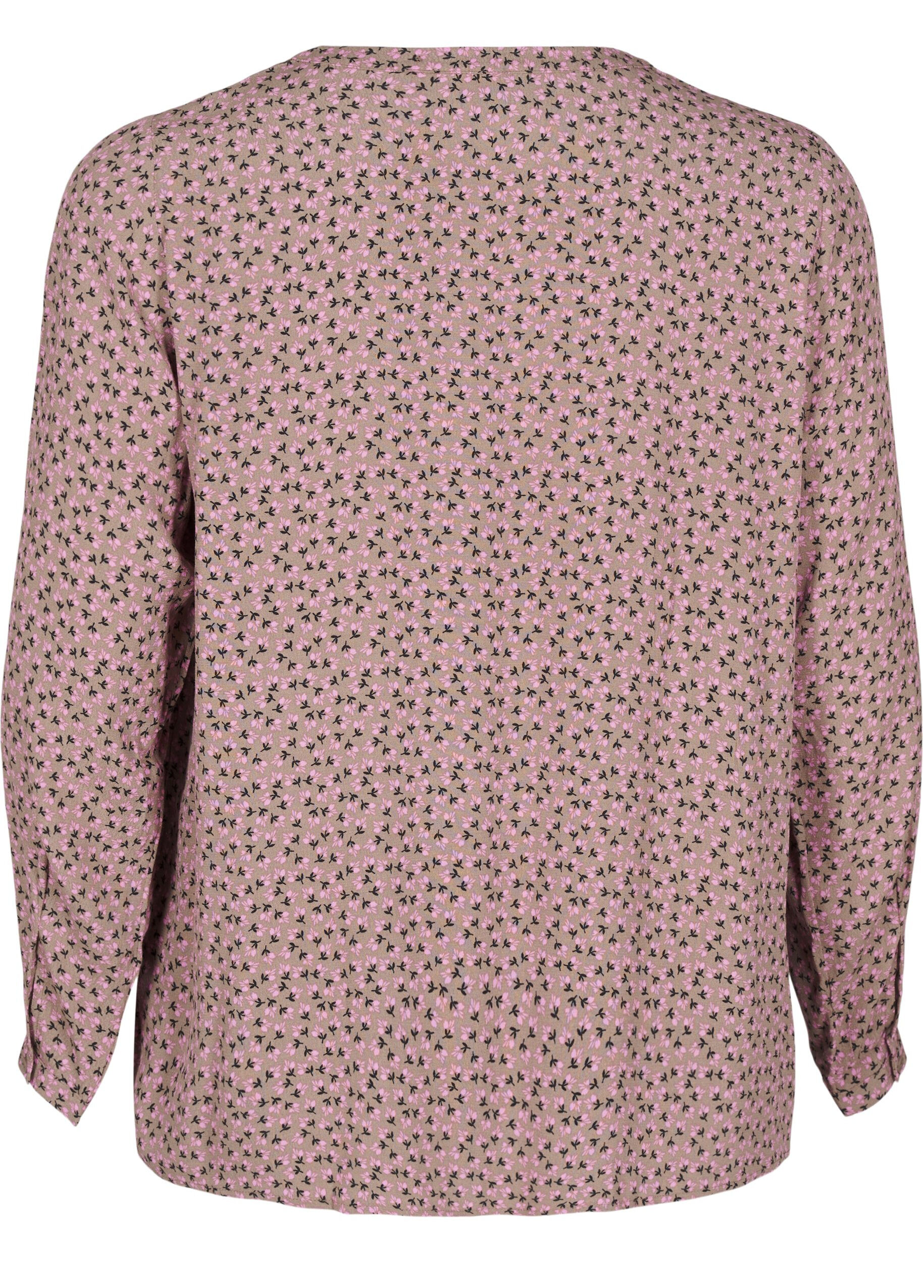 ZizziLang&auml;rmelige Bluse mit gebl&uuml;mtem Print und V-Ausschnitt, Braun, Packshot image number 1