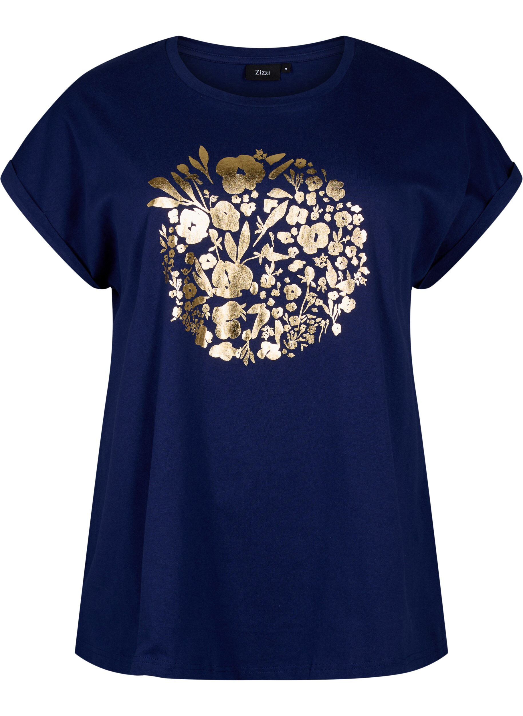ZizziT-Shirt aus Bio-Baumwolle mit Golddruck, Med.Blue Gold Flower, Packshot image number 0