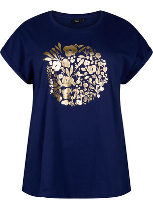 T-Shirt aus Bio-Baumwolle mit Golddruck, Med.Blue Gold Flower, Packshot image number 0