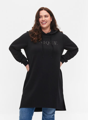 Pulloverkleid mit Kapuze und Schlitz, Black, Model image number 0