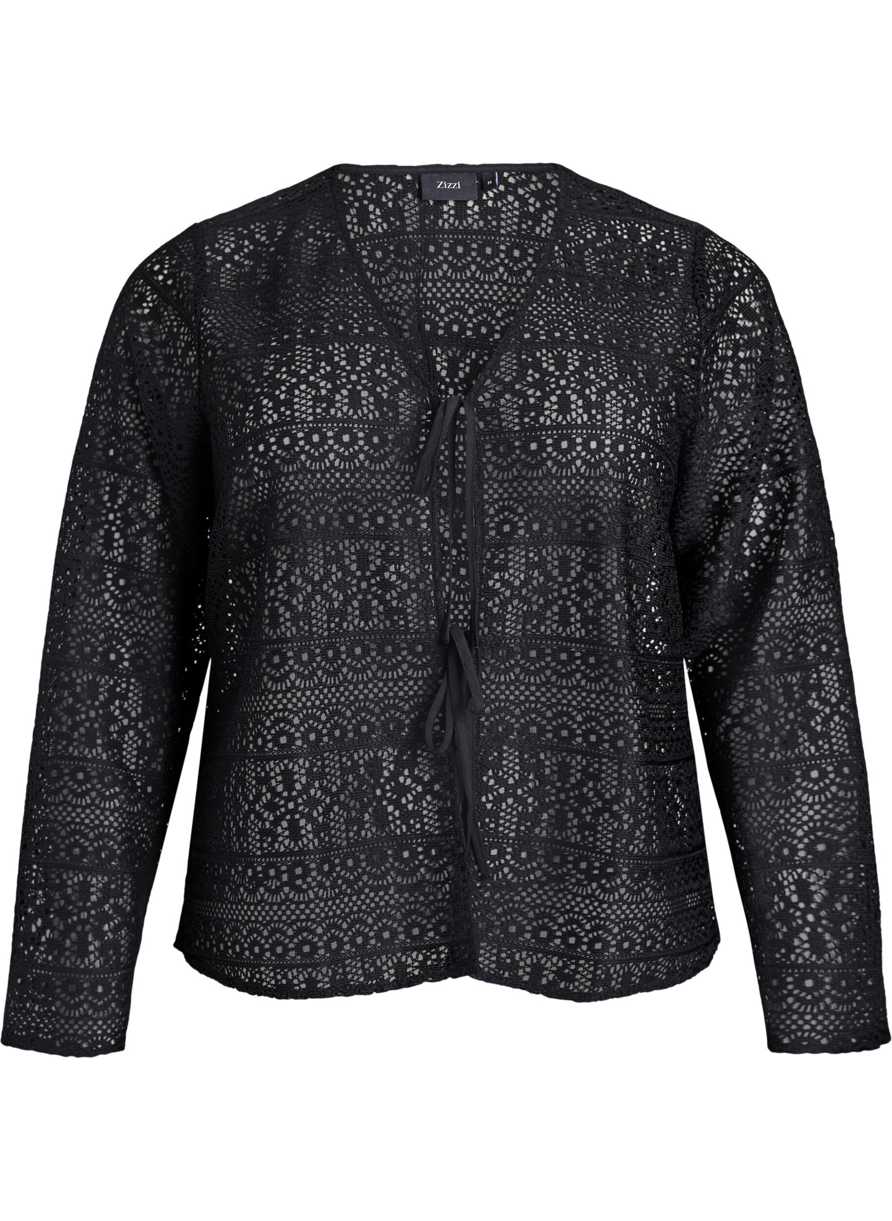 ZizziStrickjacke mit Spitzenmuster und Bindeb&auml;ndern, Schwarz, Packshot image number 0