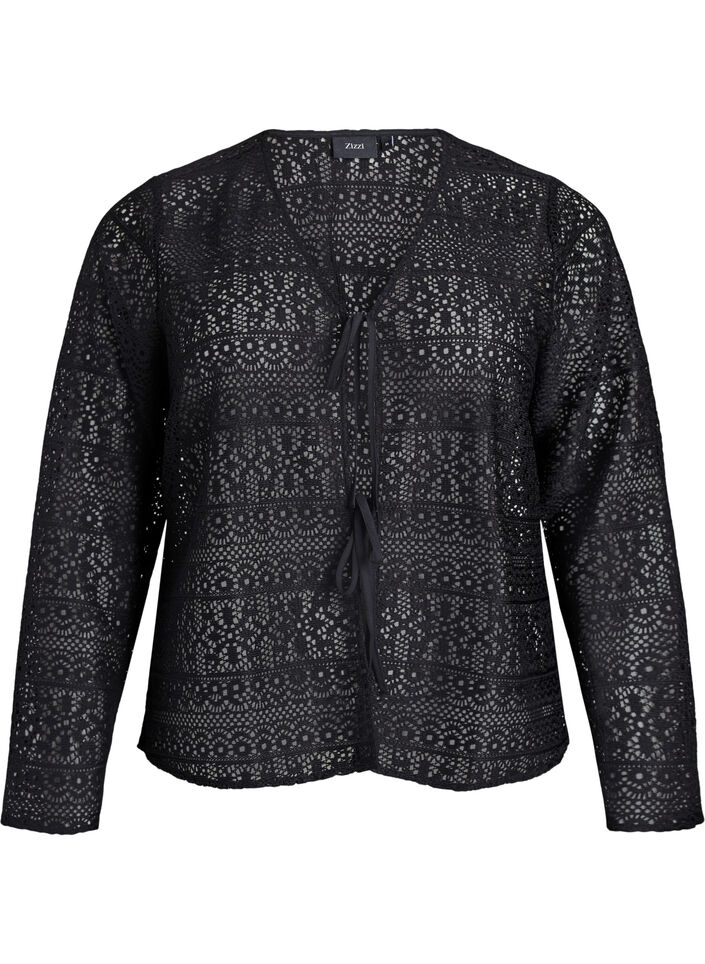 Strickjacke mit Spitzenmuster und Bindebändern, Schwarz, Packshot image number 0