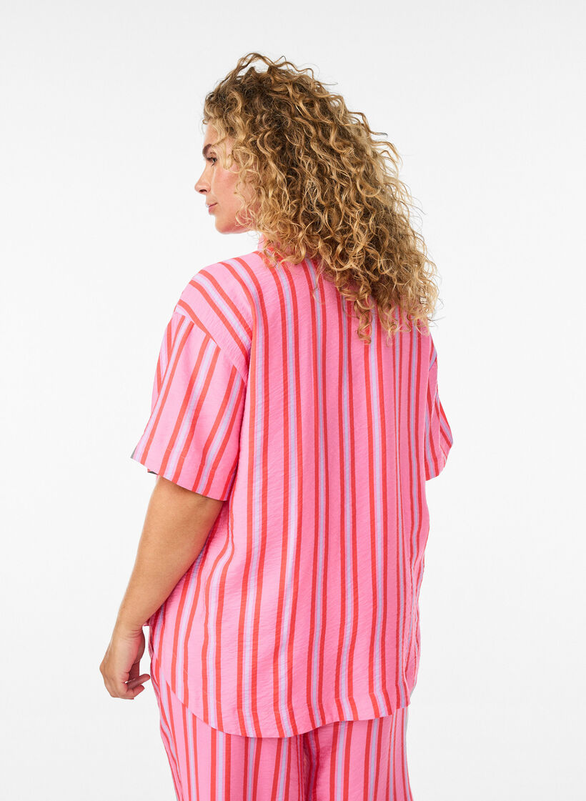 Gestreifte Bluse aus Viskose mit kurzen &Auml;rmeln, Pink, Model image number 2