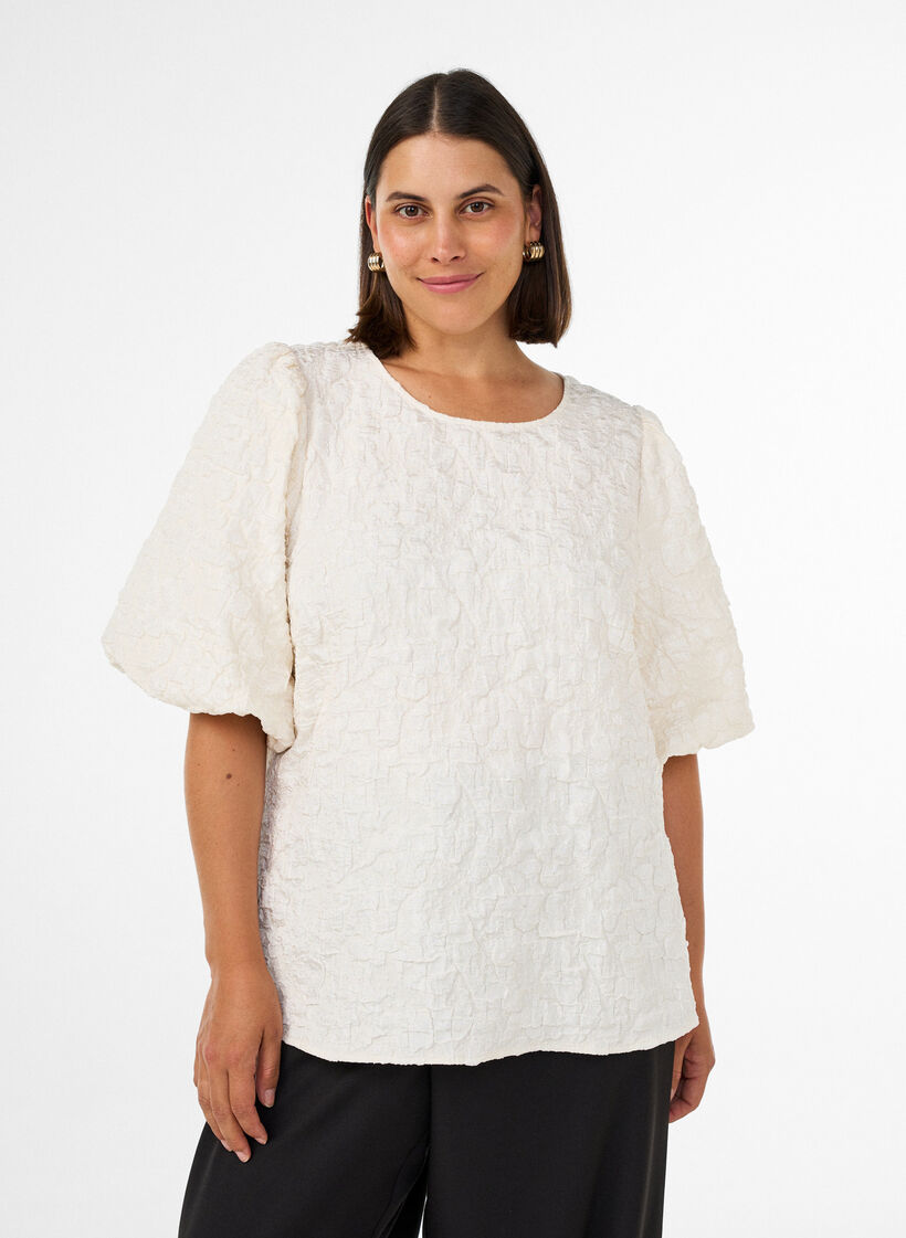 Jacquardbluse mit Puff&auml;rmeln und A-Linien-Form, Vanille, Model image number 0