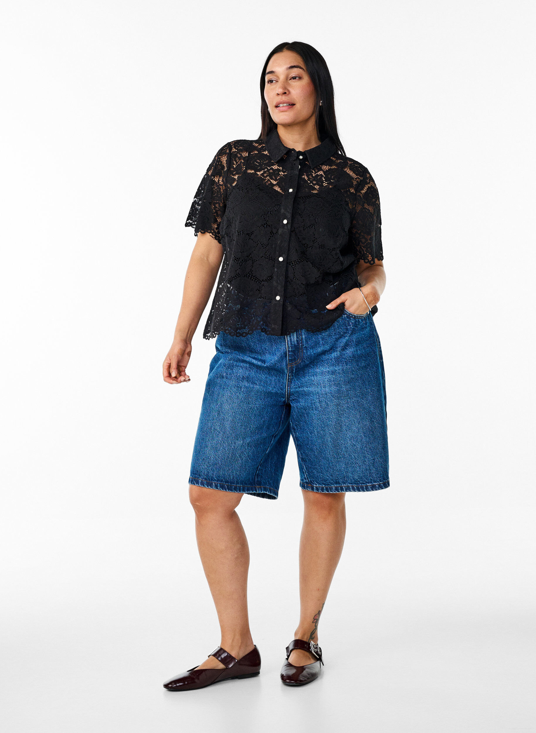 ZizziSpitzen blusenshirt mit perlenkn&ouml;pfen, Schwarz, Model image number 1