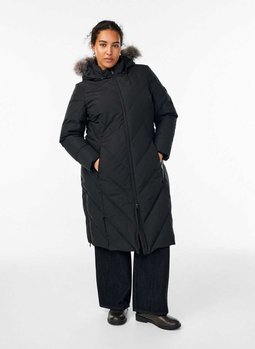 Langer Wintermantel mit Hakenverschl&uuml;ssen und Kunstfellkragen, Schwarz, Model image number 0