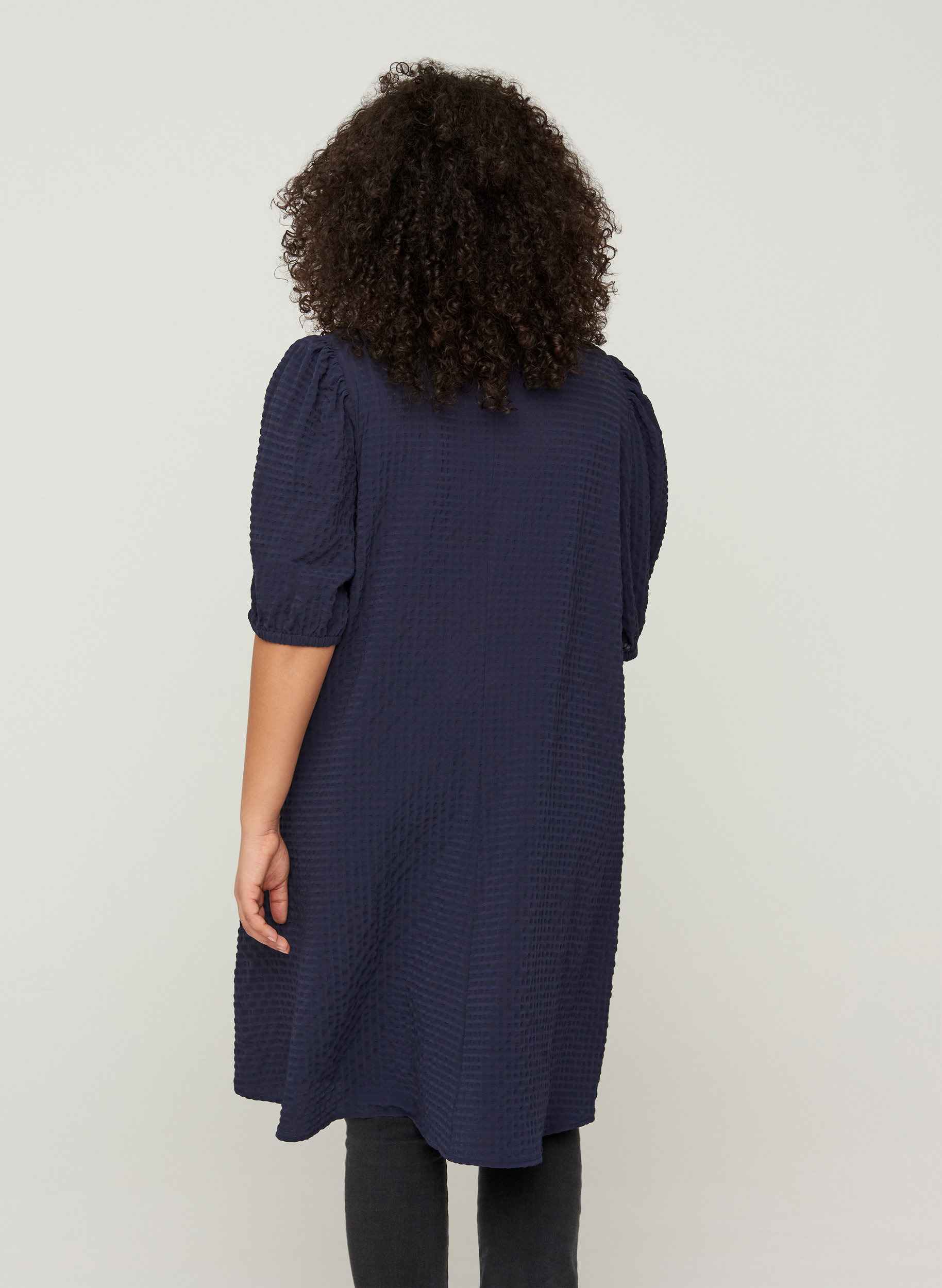 Kleid mit Struktur, A-Linie und Puffärmeln, Evening Blue, Model image number 1
