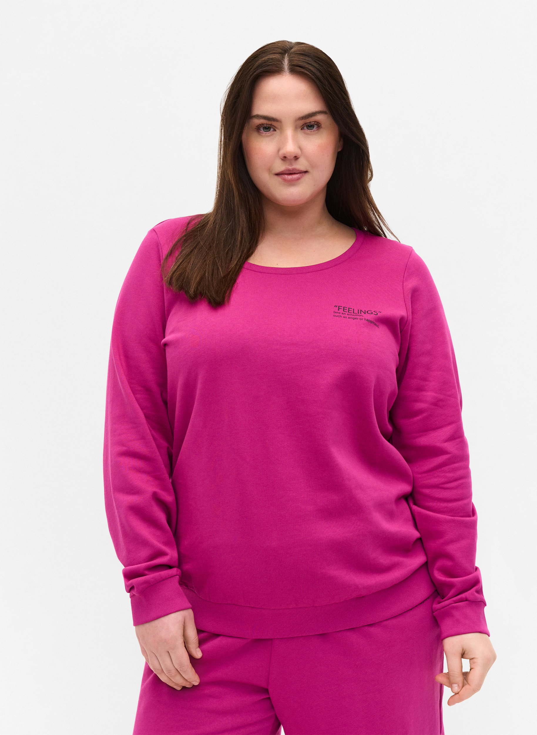 Baumwollsweatshirt mit Textaufdruck, Festival Fuchsia, Model
