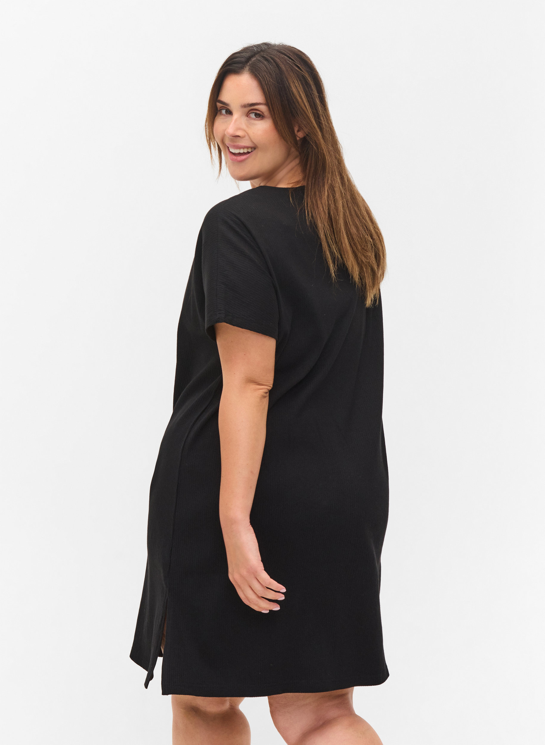 Kurzarm Kleid aus Baumwolle mit Rippstruktur, Black, Model image number 1