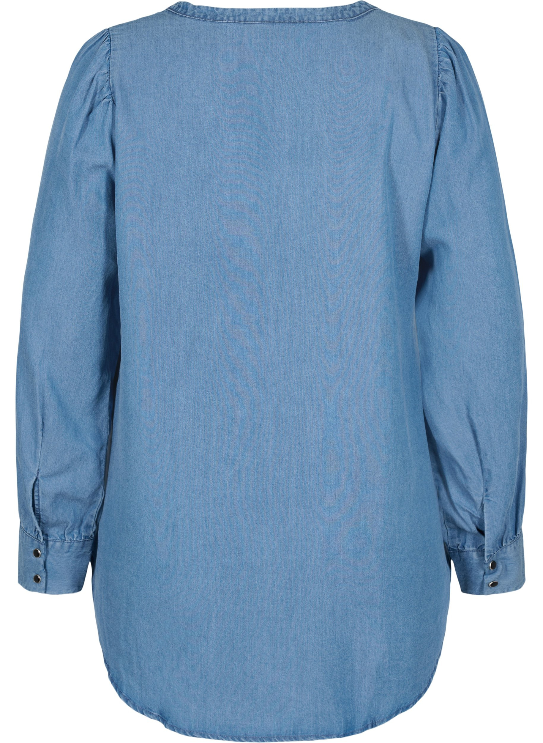 Langarm Hemdbluse mit V-Ausschnitt und Rüschendetails, Blue denim, Packshot image number 1