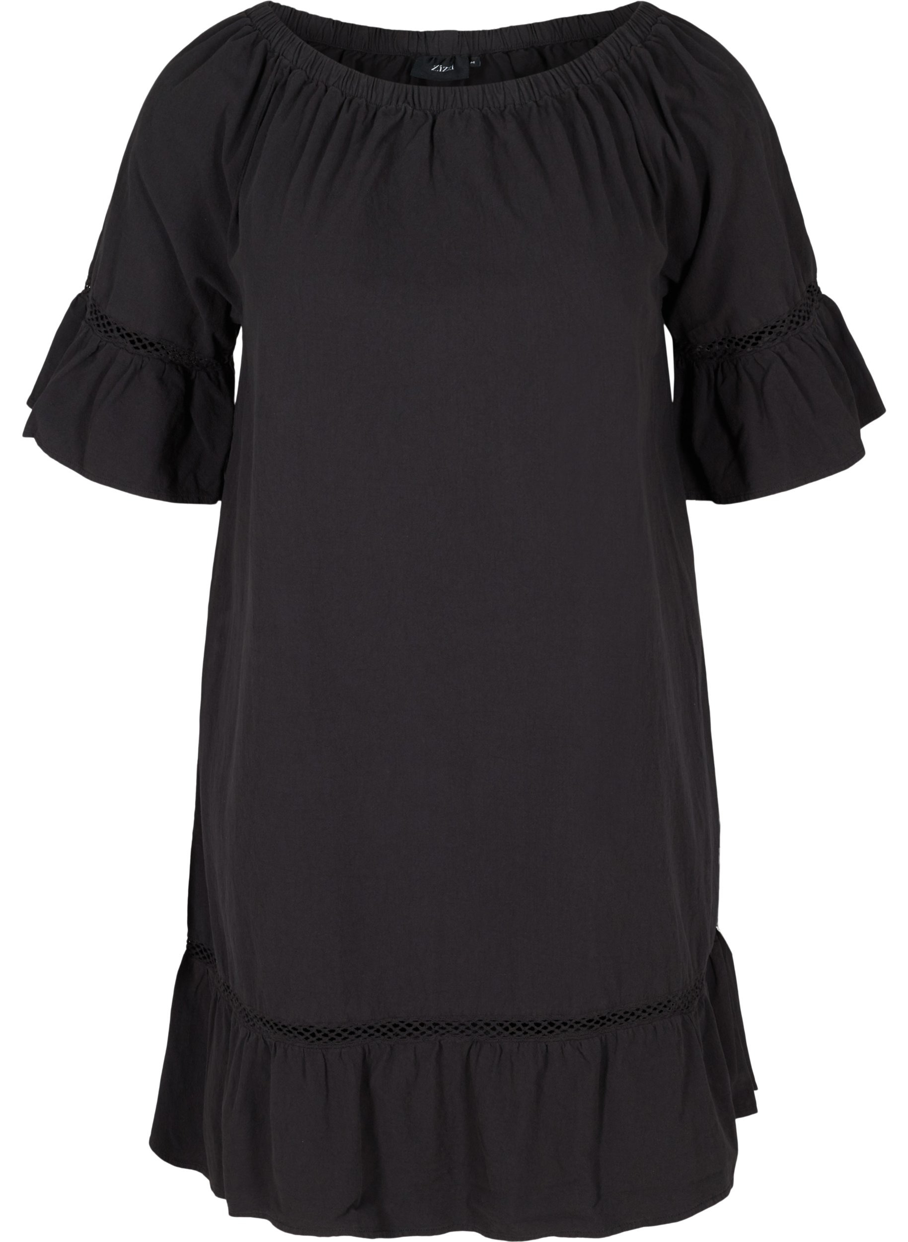 Baumwollkleid mit Spitze und kurzen Ärmeln, Black, Packshot image number 0