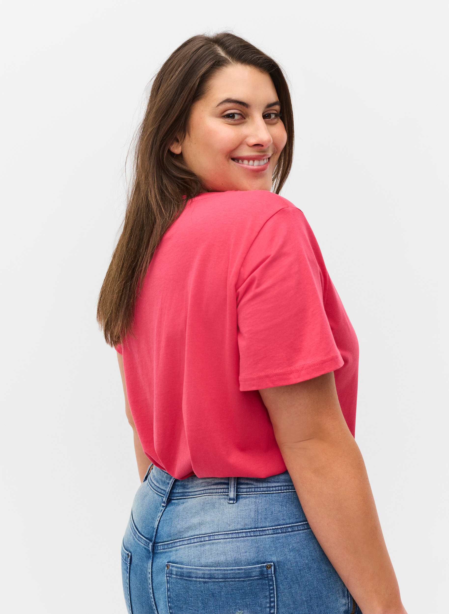 Kurzarm T-Shirt aus Baumwolle mit Aufdruck, Raspberry TEXT, Model image number 1