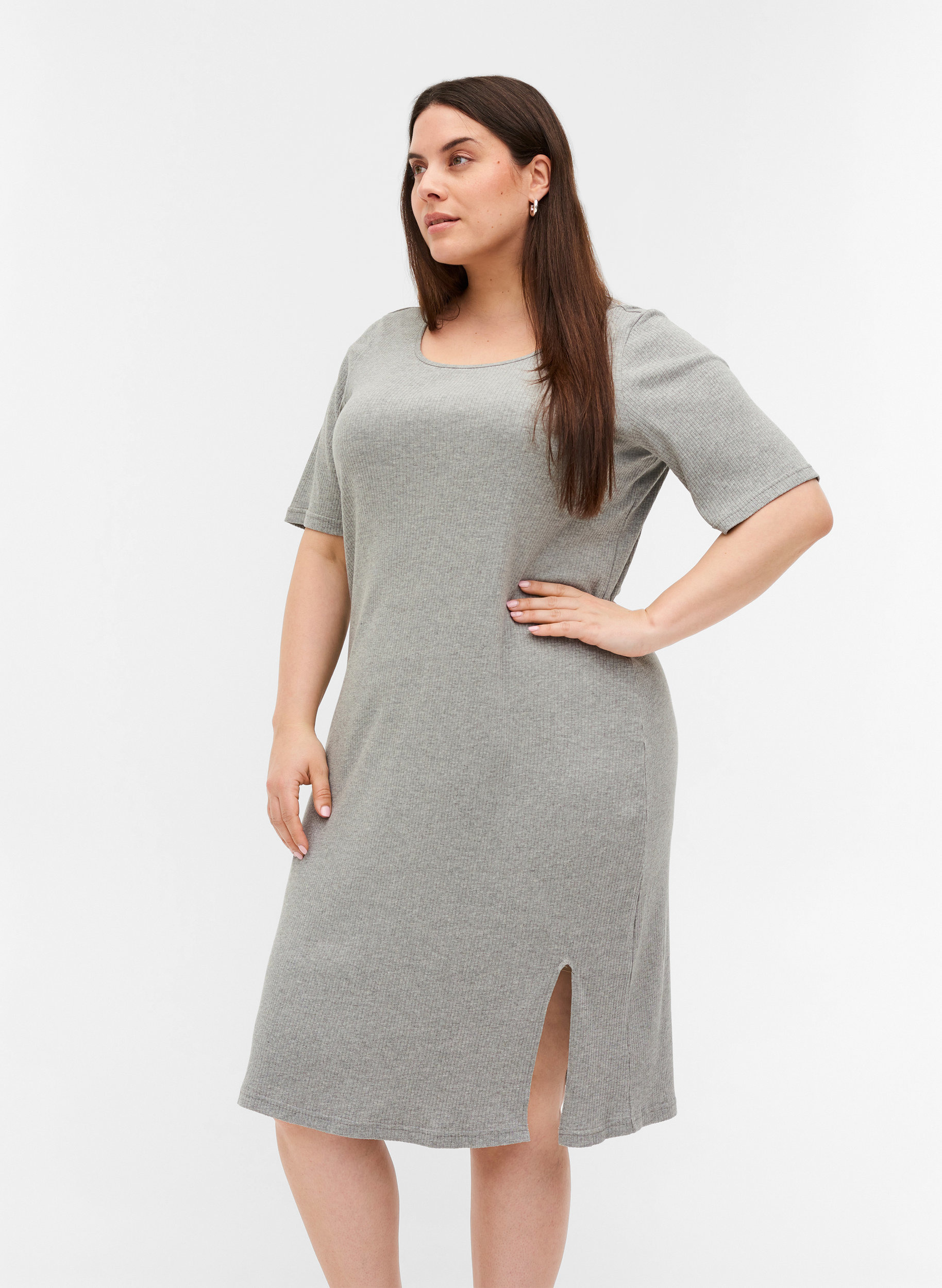 Kurzarm Kleid aus Ripp, Light Grey Melange, Model
