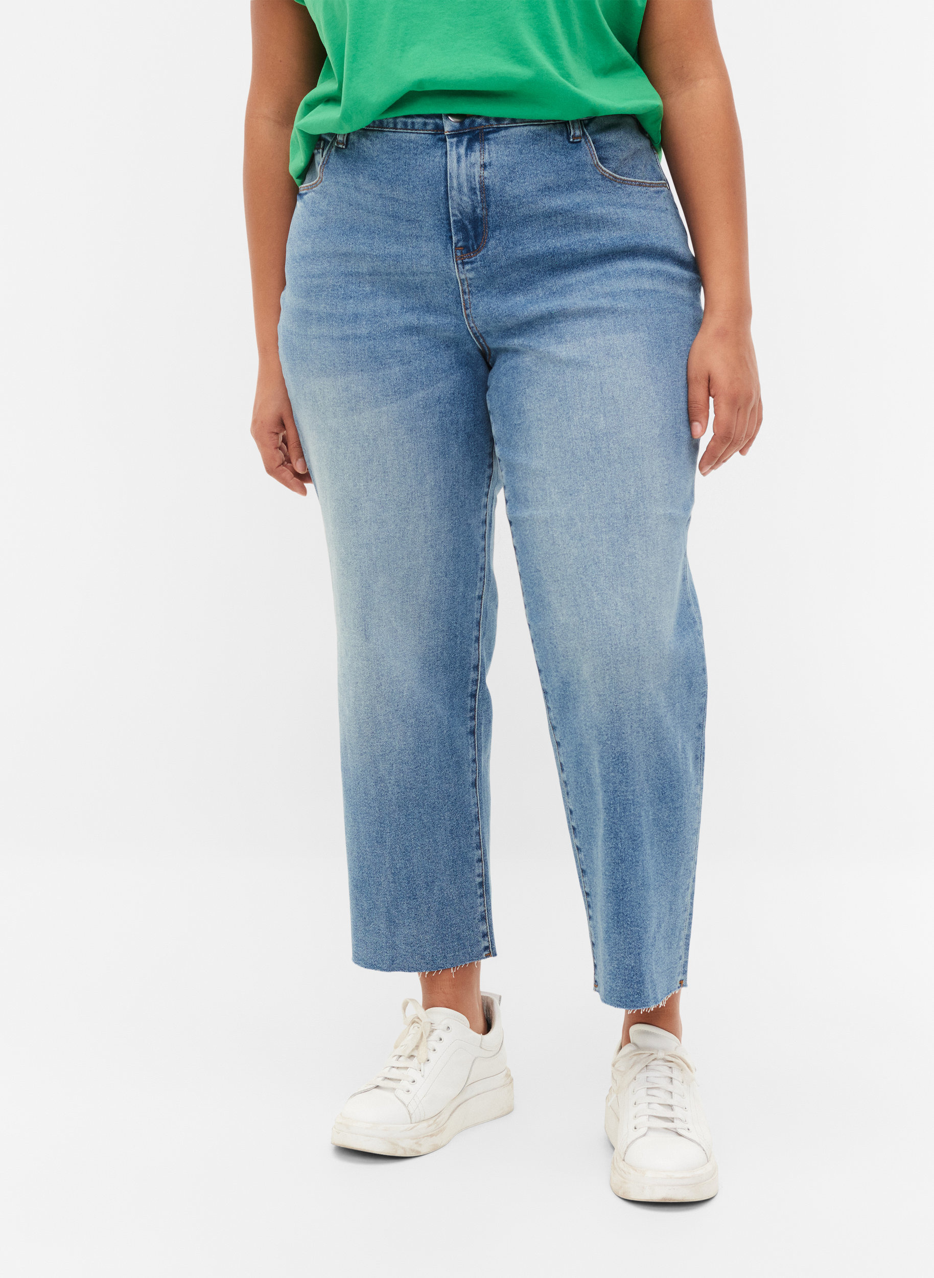 7/8-Jeans mit Fransensaum und hoher Taille, Light blue denim, Model image number 3