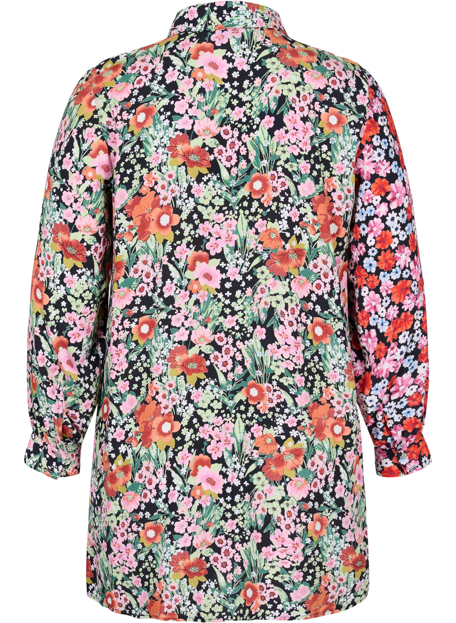 Lange Hemdbluse aus Viskose mit Blumenprint, Flower AOP Mix, Packshot image number 1