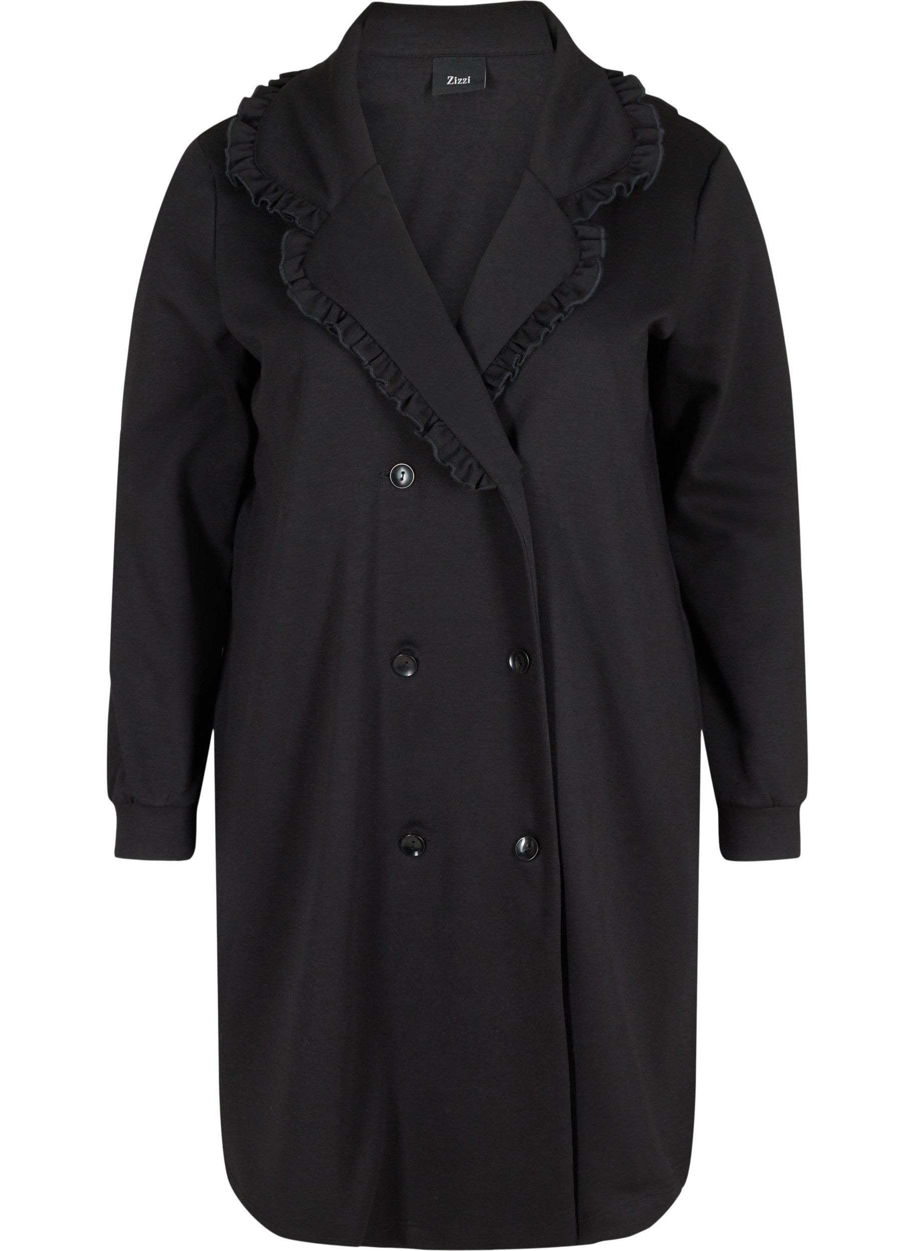 Lange Jacke mit breitem Kragen und Rüschendetails, Black, Packshot image number 0