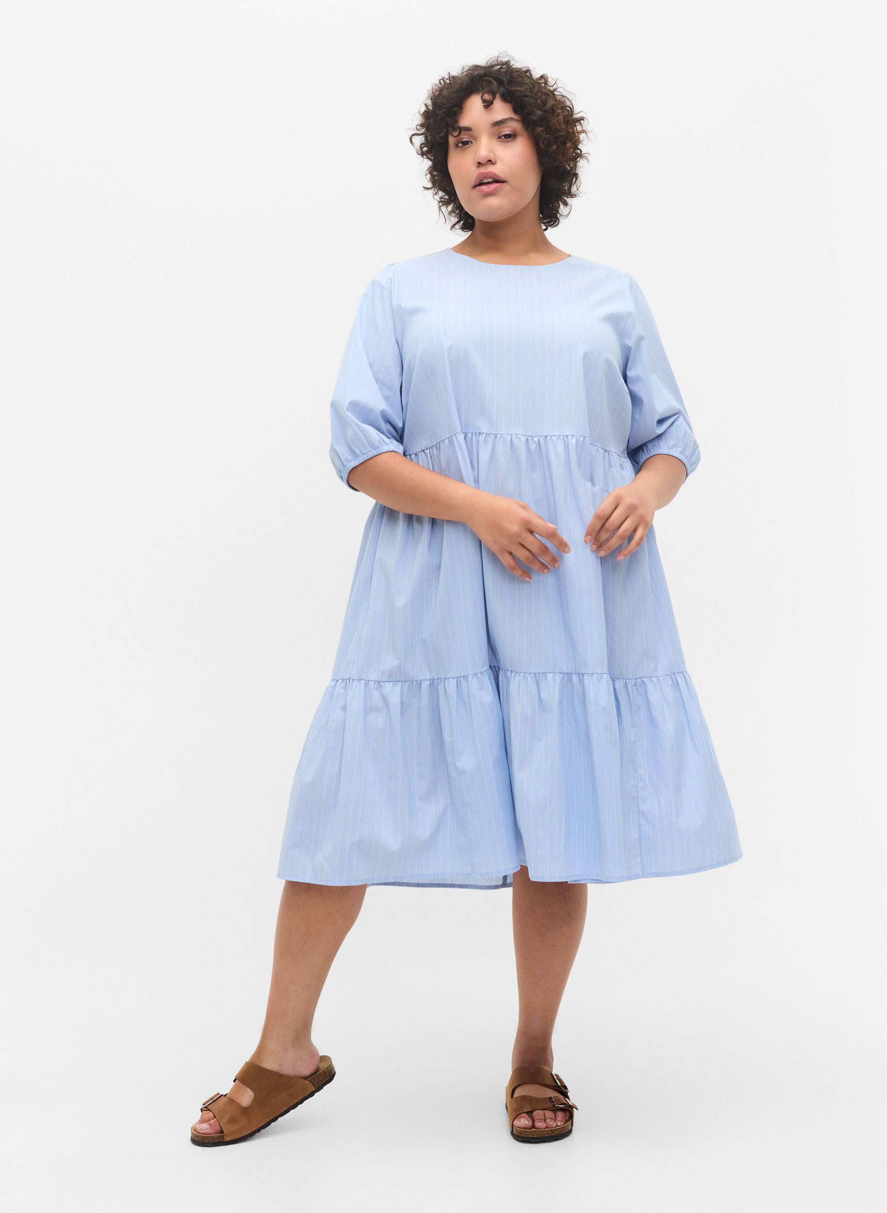 Gestreiftes Kleid mit kurzen Puffärmeln, Blue As Sample, Model image number 2