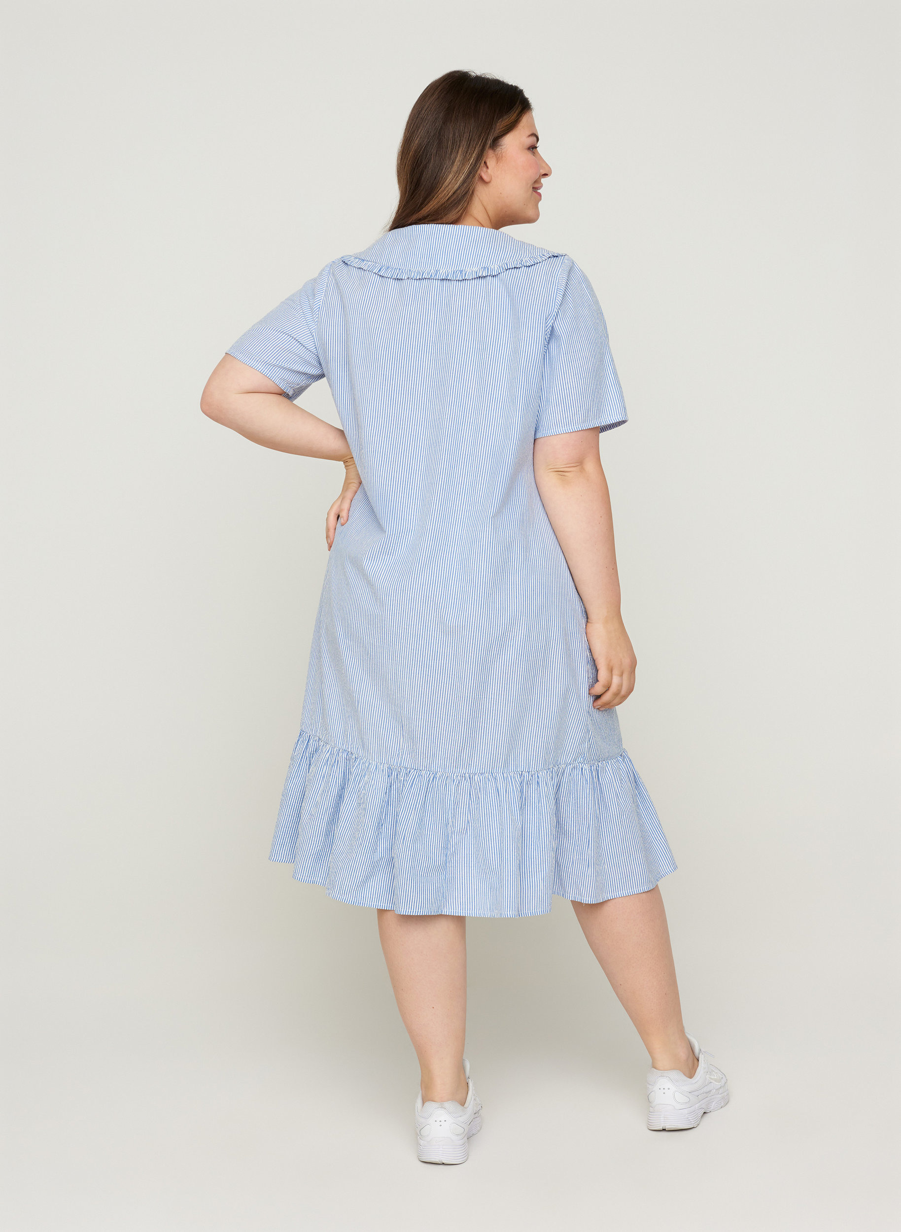 Kurzarm Kleid aus Baumwolle mit Streifen, Blue Stripe, Model image number 1