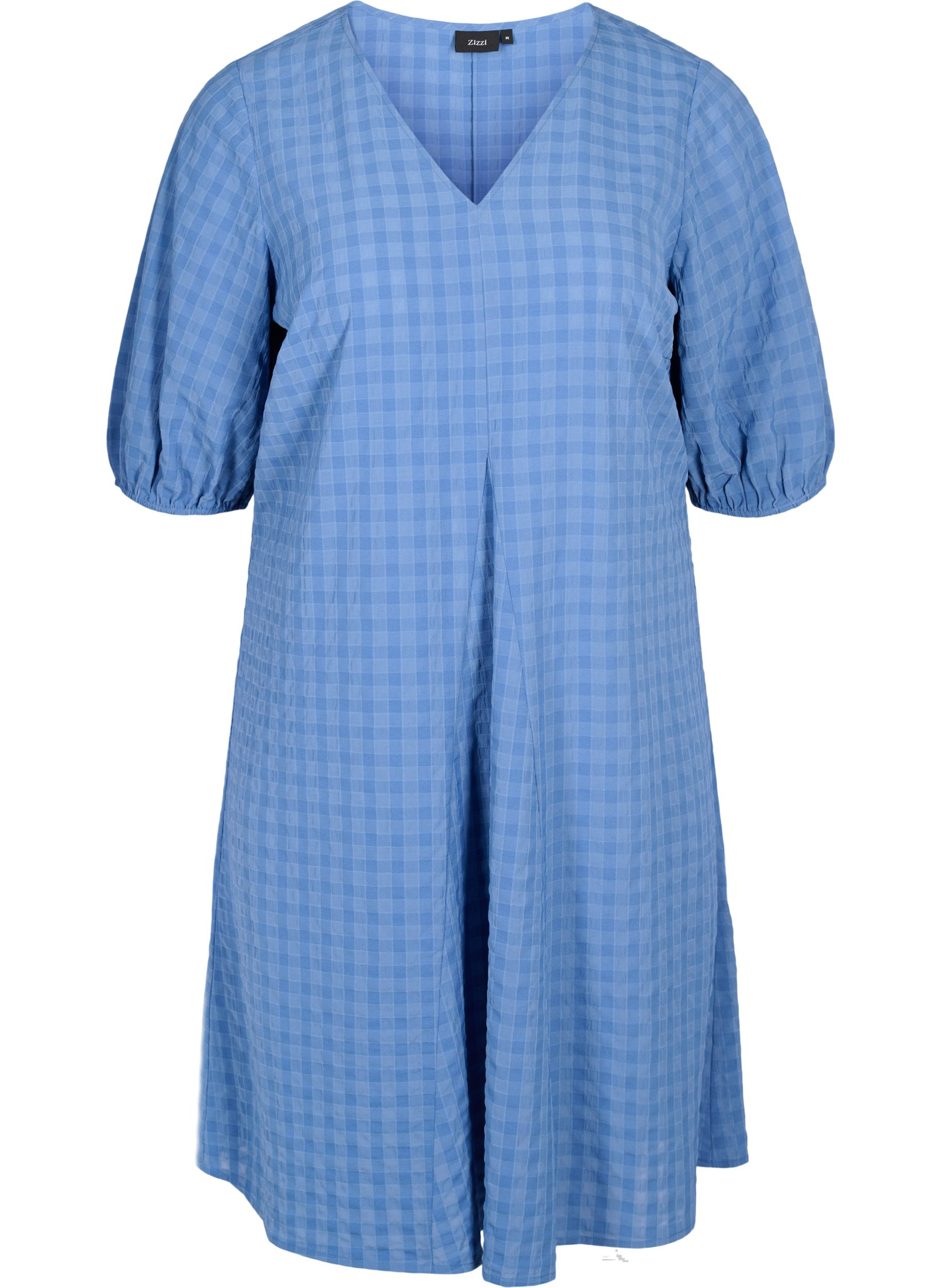 Kleid in Crêpe-Qualität mit V-Ausschnitt und Ballonärmeln, Moonlight Blue, Packshot image number 0