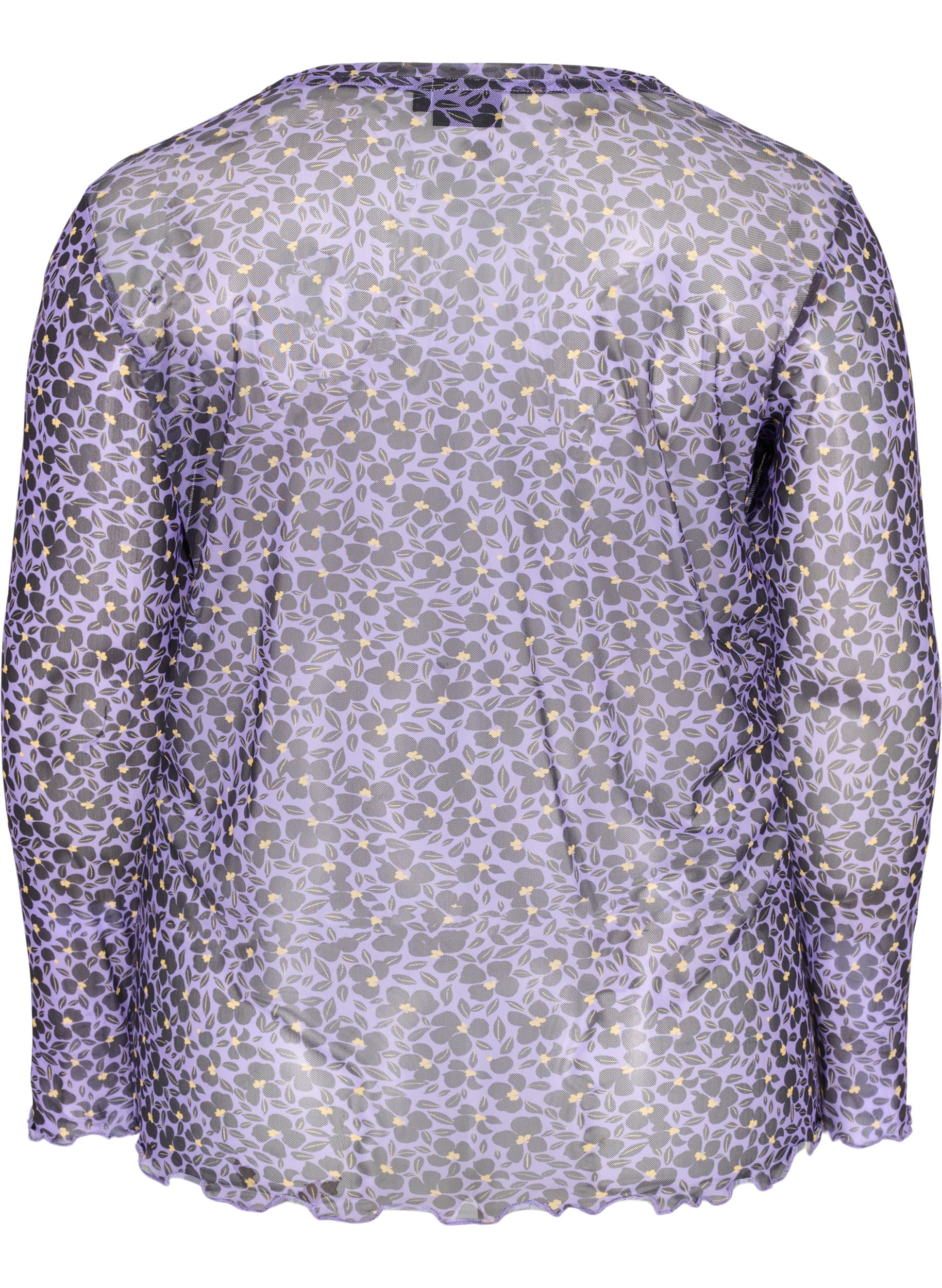 Enganliegende Mesh-Bluse mit Blumenmuster, Purple AOP, Packshot image number 1