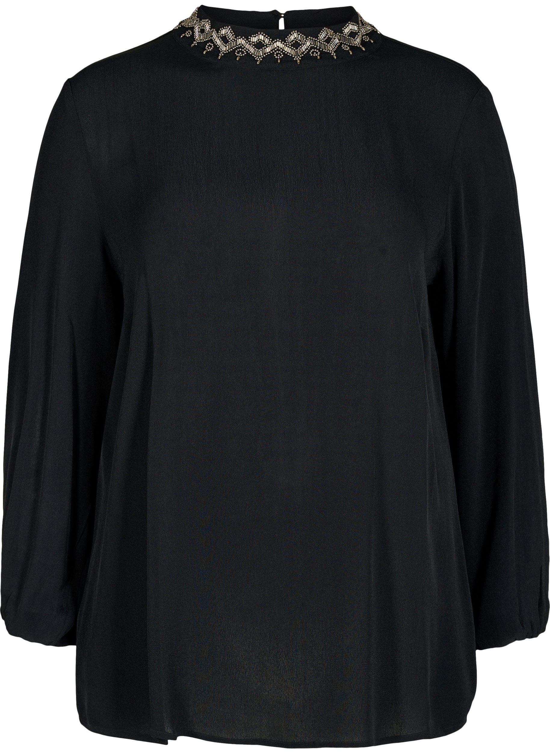 Langarm Bluse aus Viskose mit Perlen, Black, Packshot image number 0