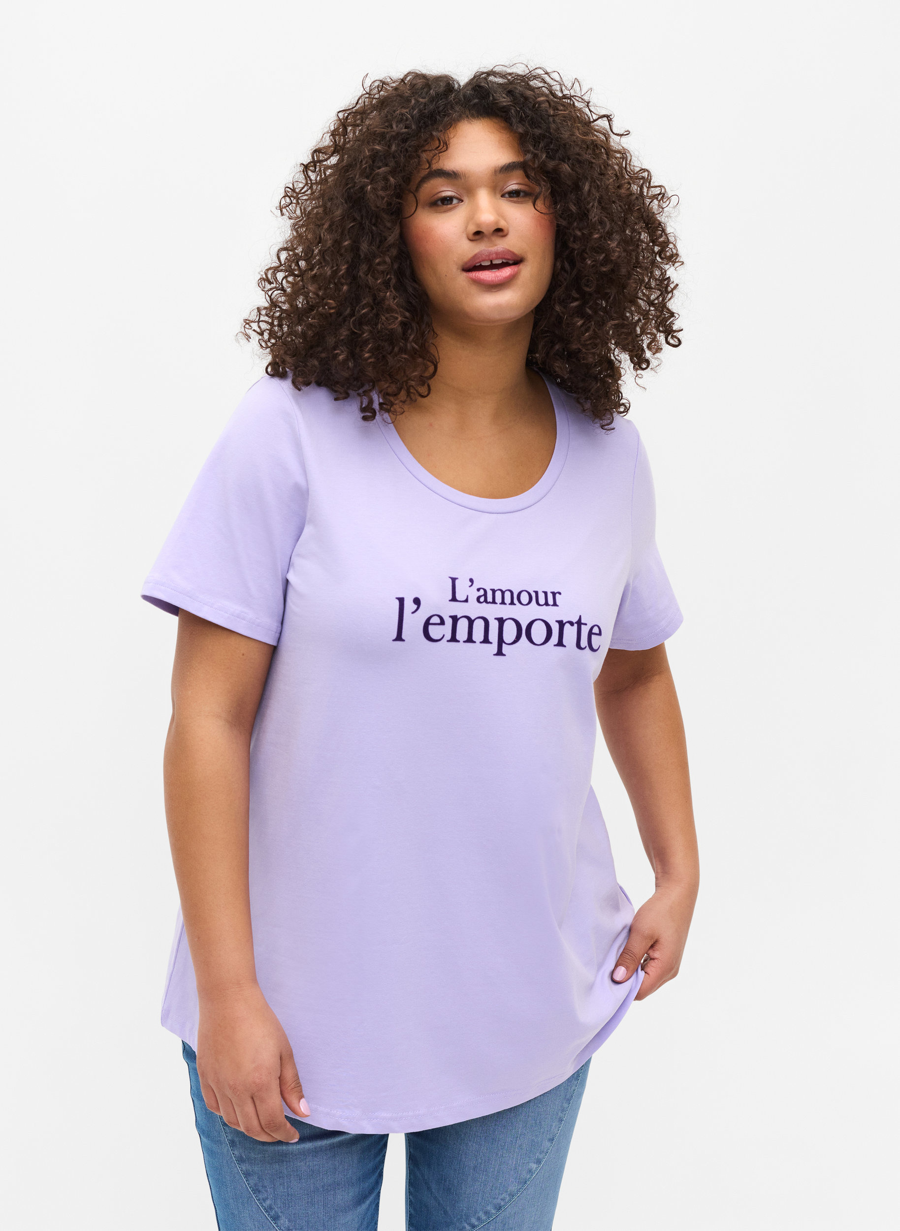 Kurzarm T-Shirt aus Baumwolle mit Aufdruck,  Lavender LAMOUR, Model image number 0