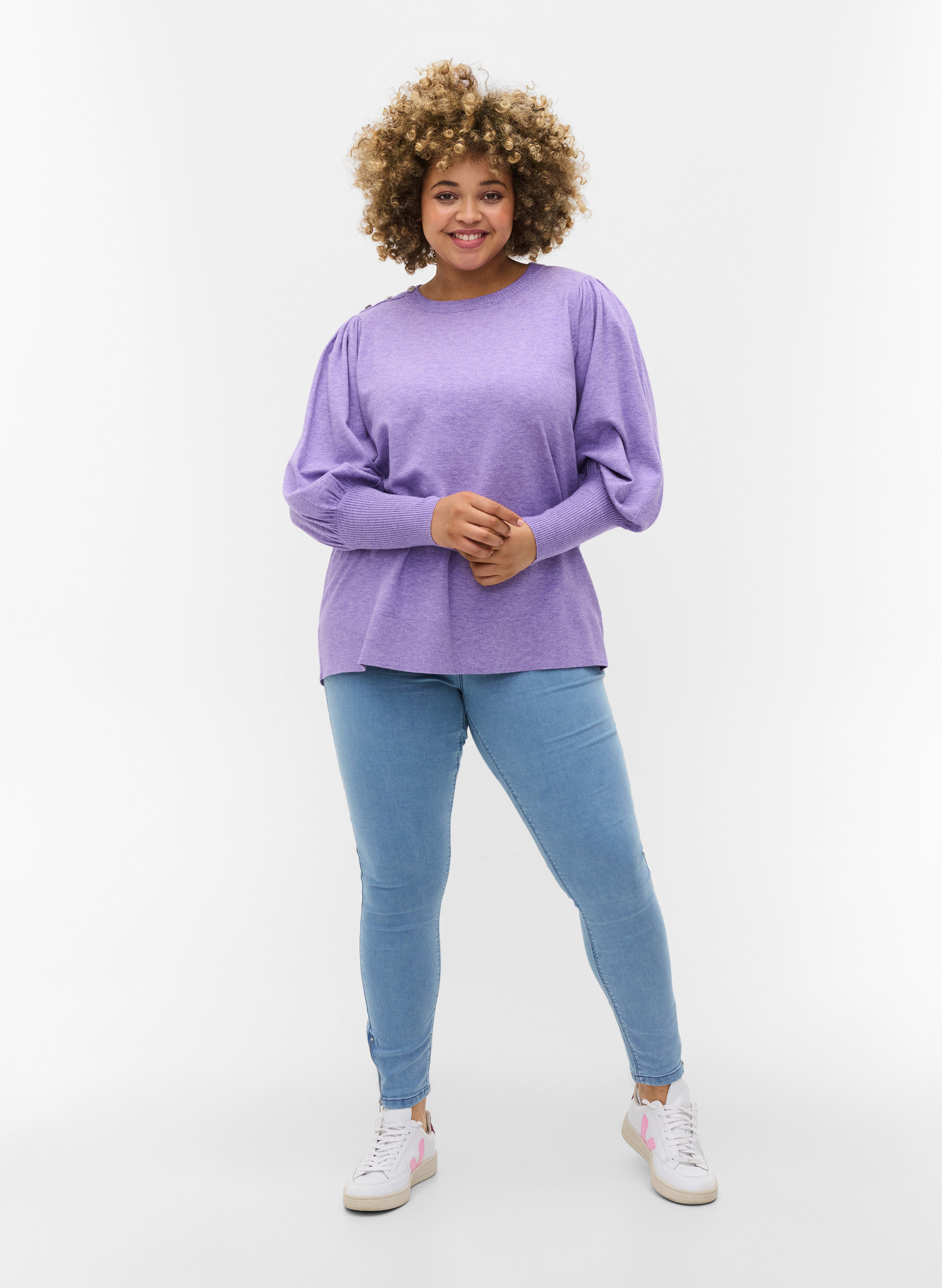 Bluse mit Ballonärmeln und dekorativen Knöpfen, Paisley Purple Mel, Model image number 2