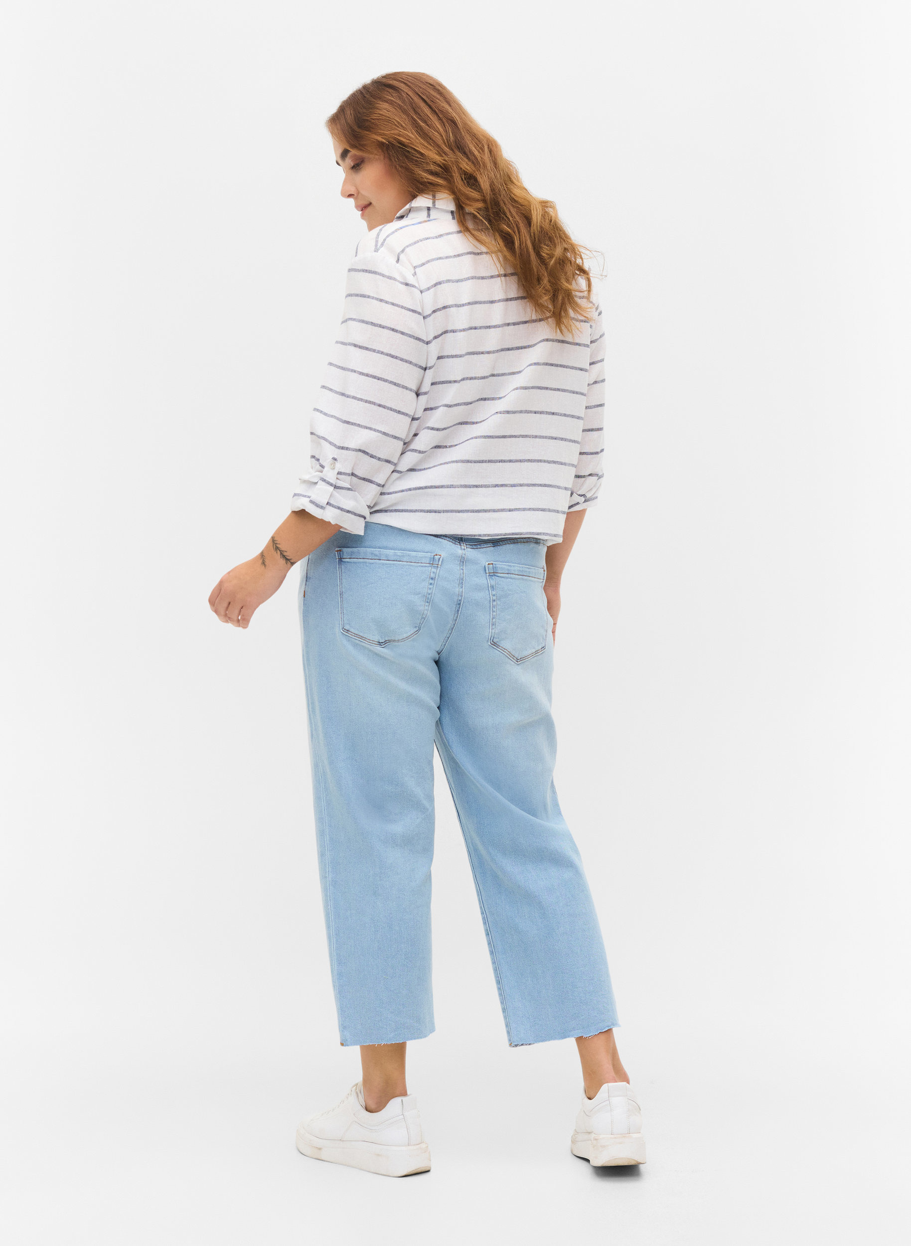 7/8-Jeans mit Fransensaum und hoher Taille, Super L.Blue Denim, Model image number 1