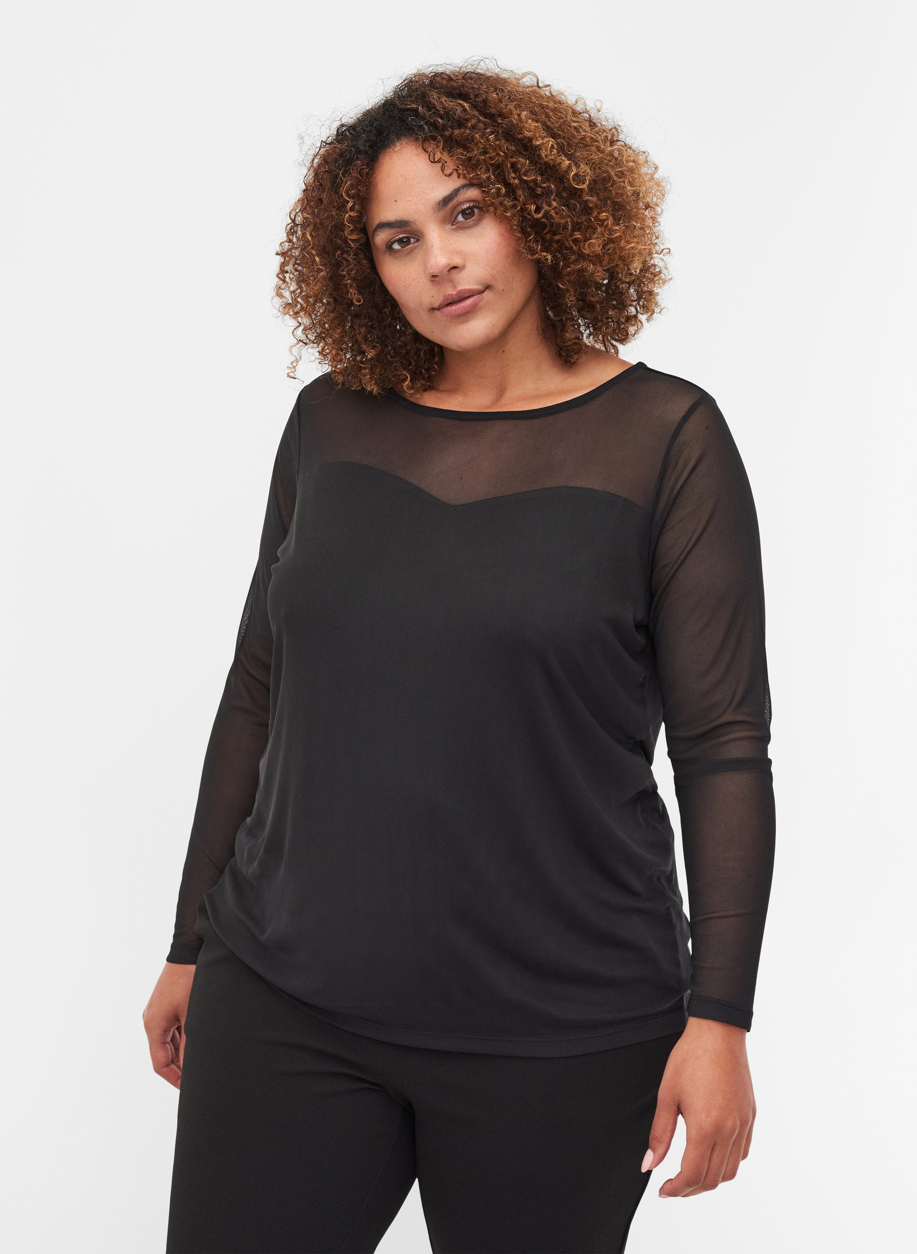 Enganliegende Bluse mit Mesh, Black, Model image number 0