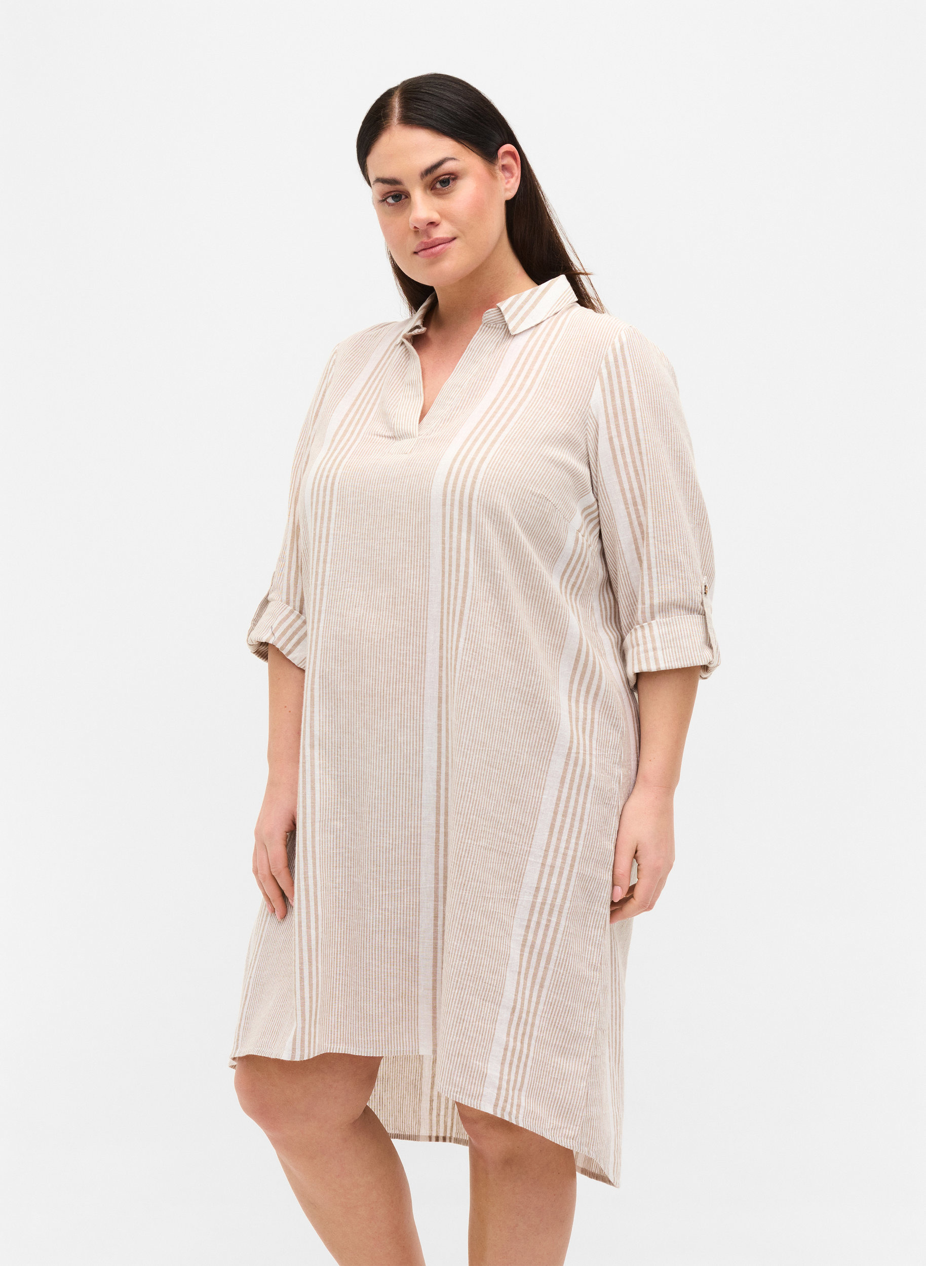 Kleid mit V-Ausschnitt und Kragen, White Taupe Stripe, Model