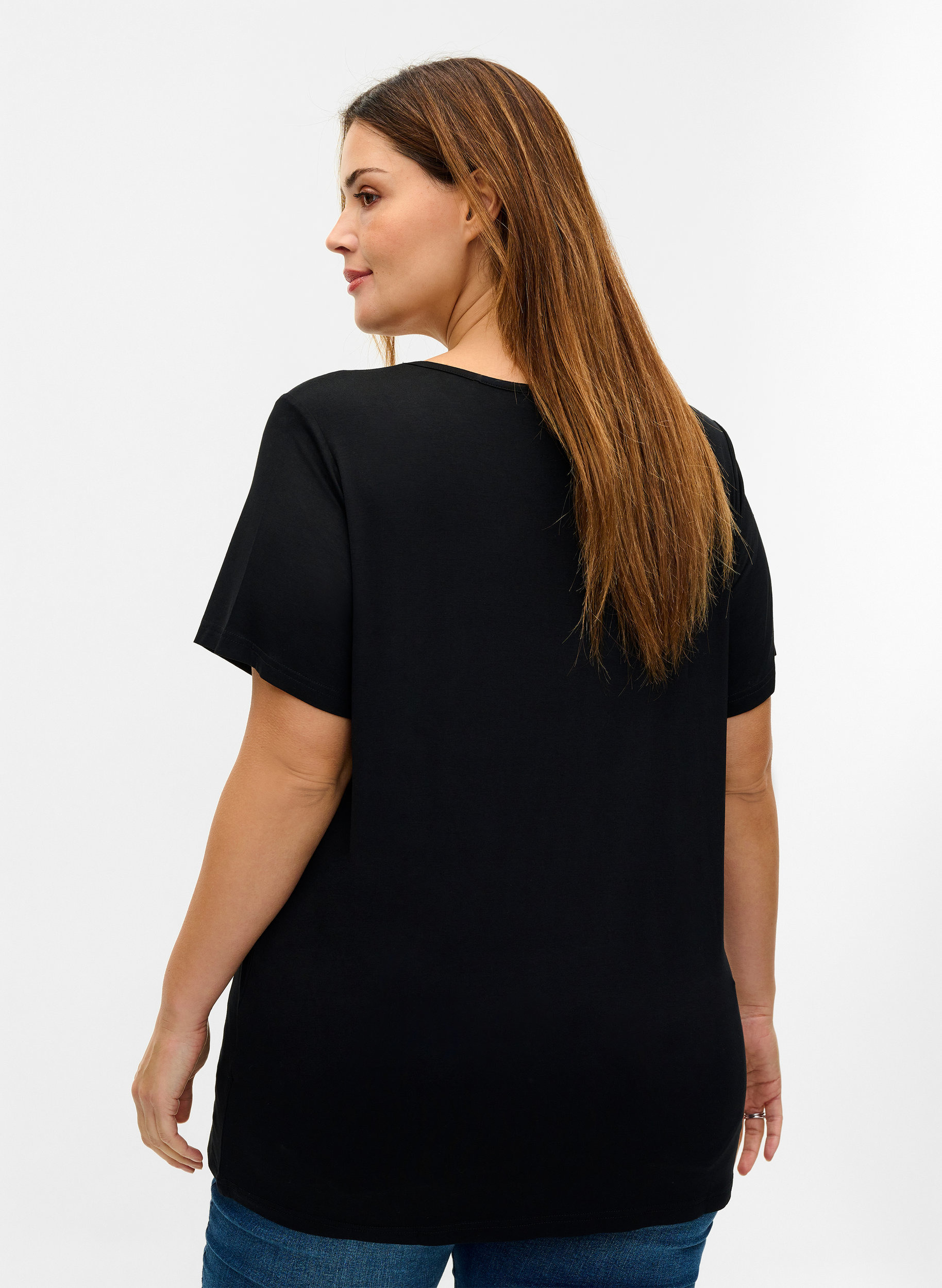 Kurzarm T-Shirt aus Viskose mit Spitzendetails, Black, Model image number 1