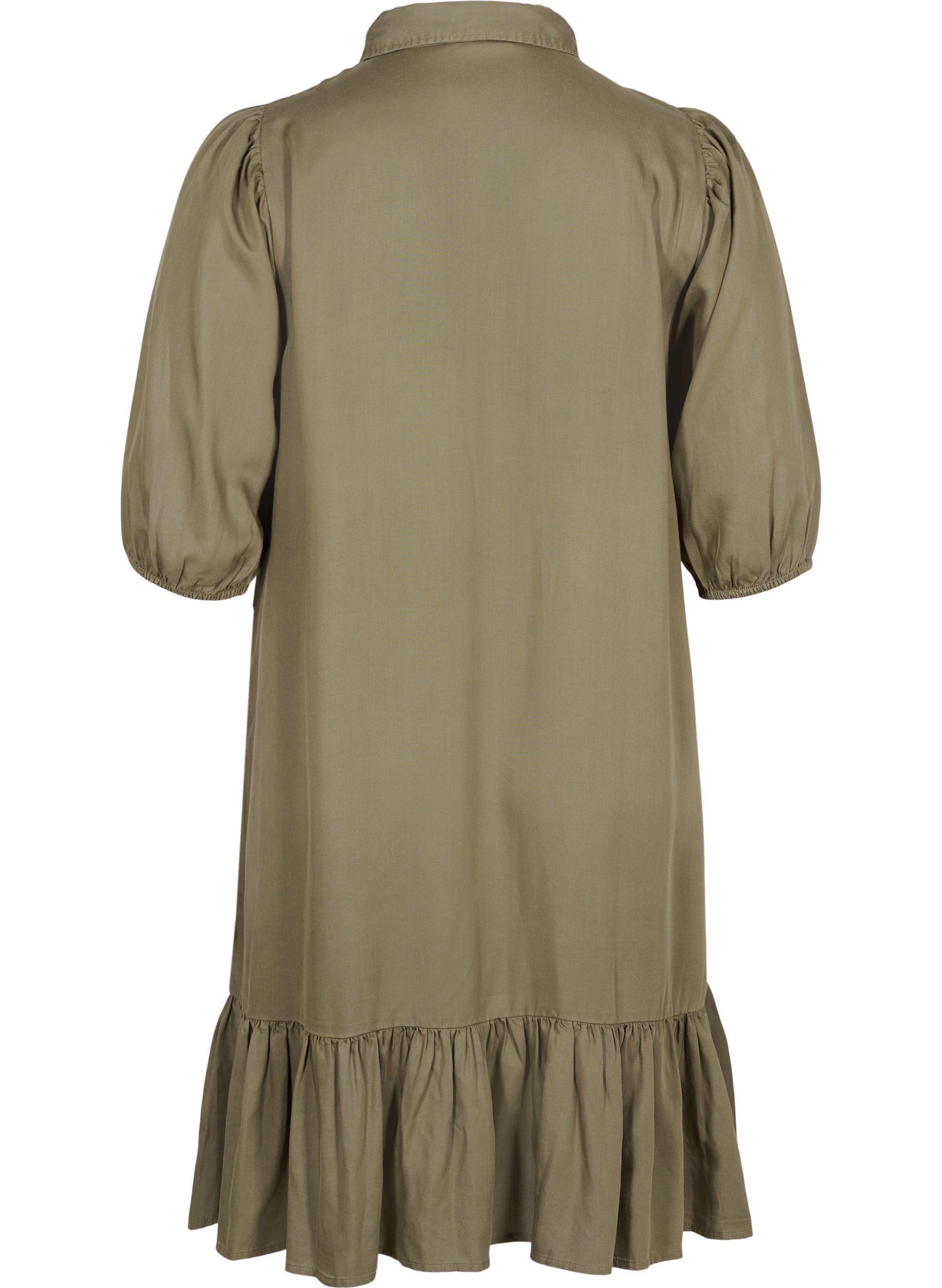 Kleid mit Rüschenbesatz und 3/4-Ärmeln, Dusty Olive, Packshot image number 1