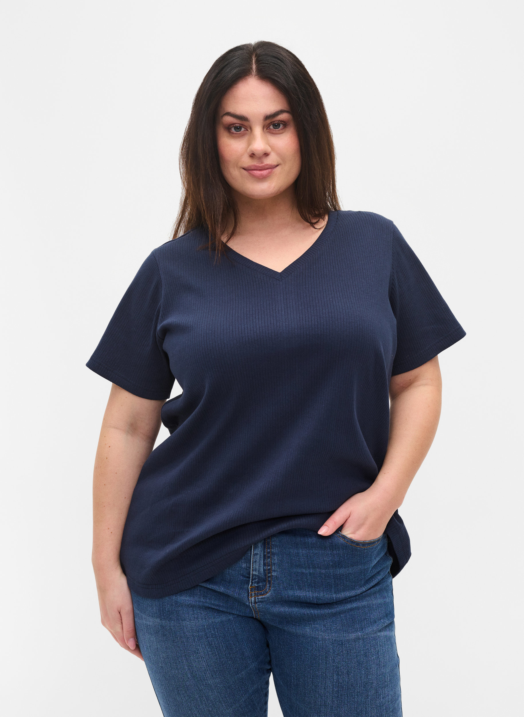 T-Shirt aus Baumwolle mit Rippstruktur, Navy Blazer, Model image number 0