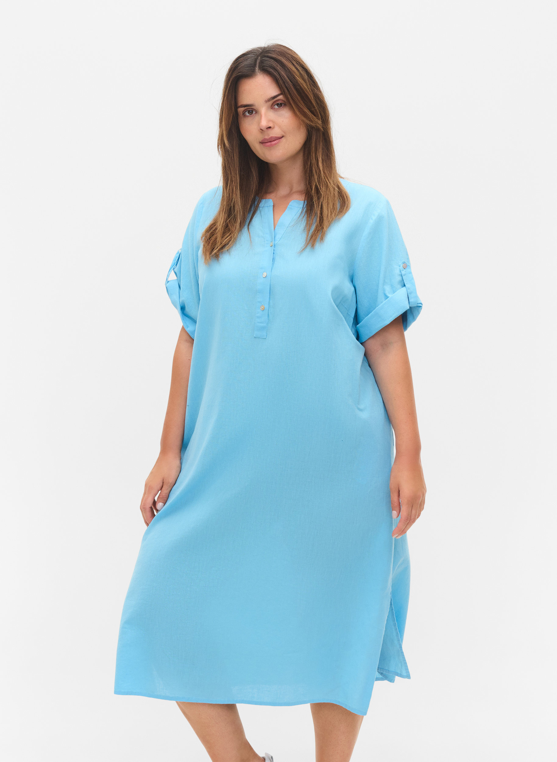 Langes kurzärmeliges Hemdkleid, Alaskan Blue, Model image number 0