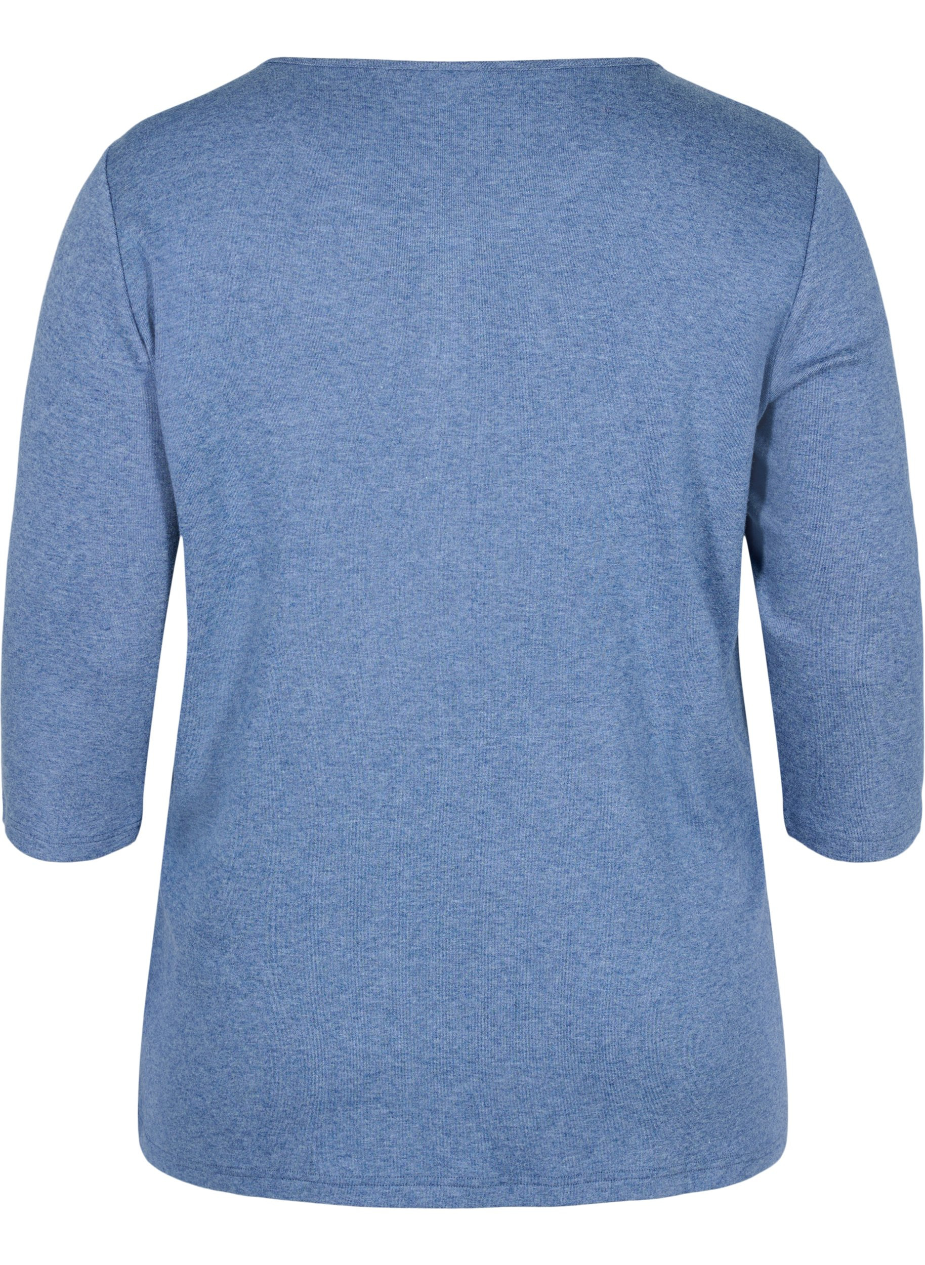 Einfarbige Bluse mit Knöpfen und 3/4-Ärmel, Blue Melange, Packshot image number 1