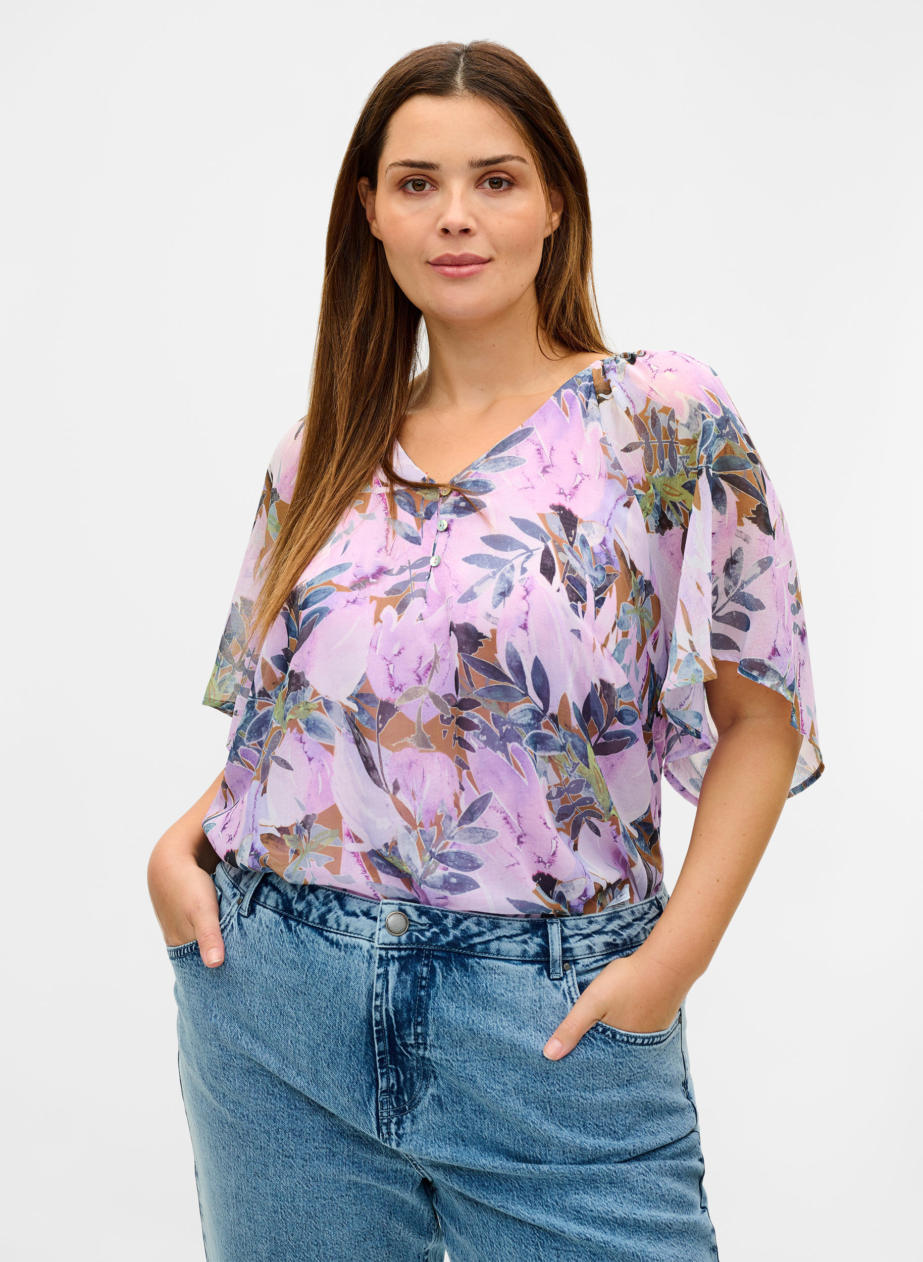 Bedruckte Bluse mit kurzen Ärmeln, Orchid Bouquet AOP, Model image number 0