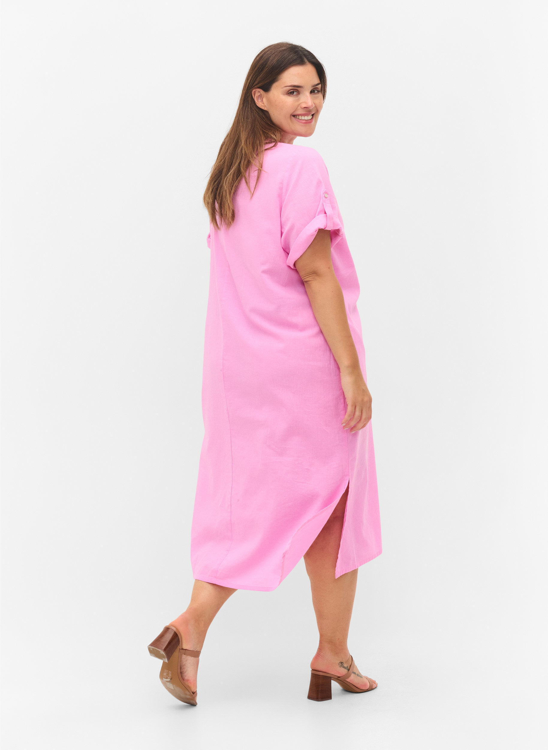 Langes kurzärmeliges Hemdkleid, Begonia Pink, Model