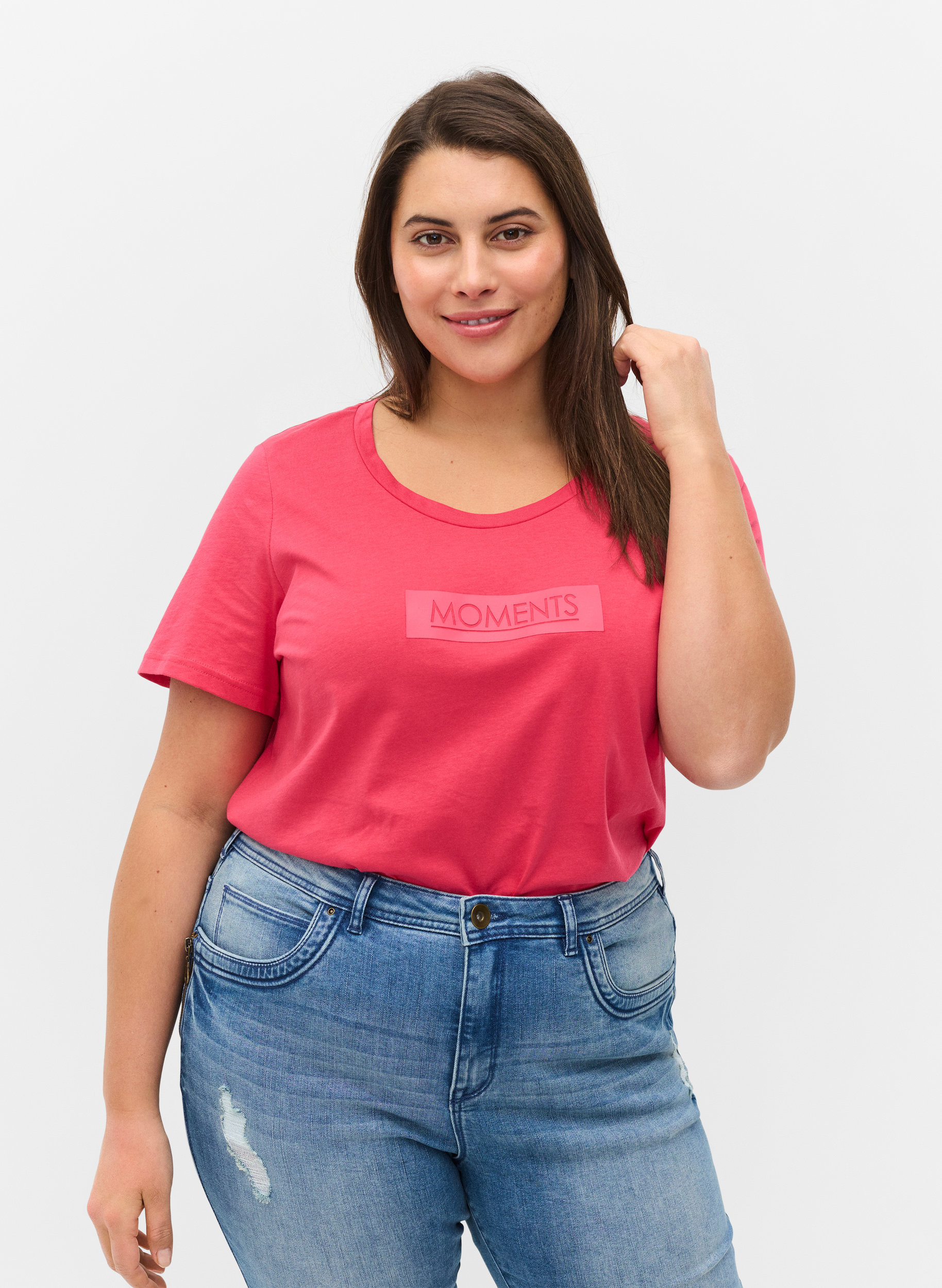 Kurzarm T-Shirt aus Baumwolle mit Aufdruck, Raspberry TEXT, Model